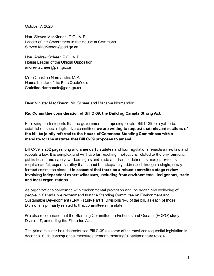 Joint Letter to House Leaders on Committee Consideration of Bill C-39, the Building Canada Strong Act