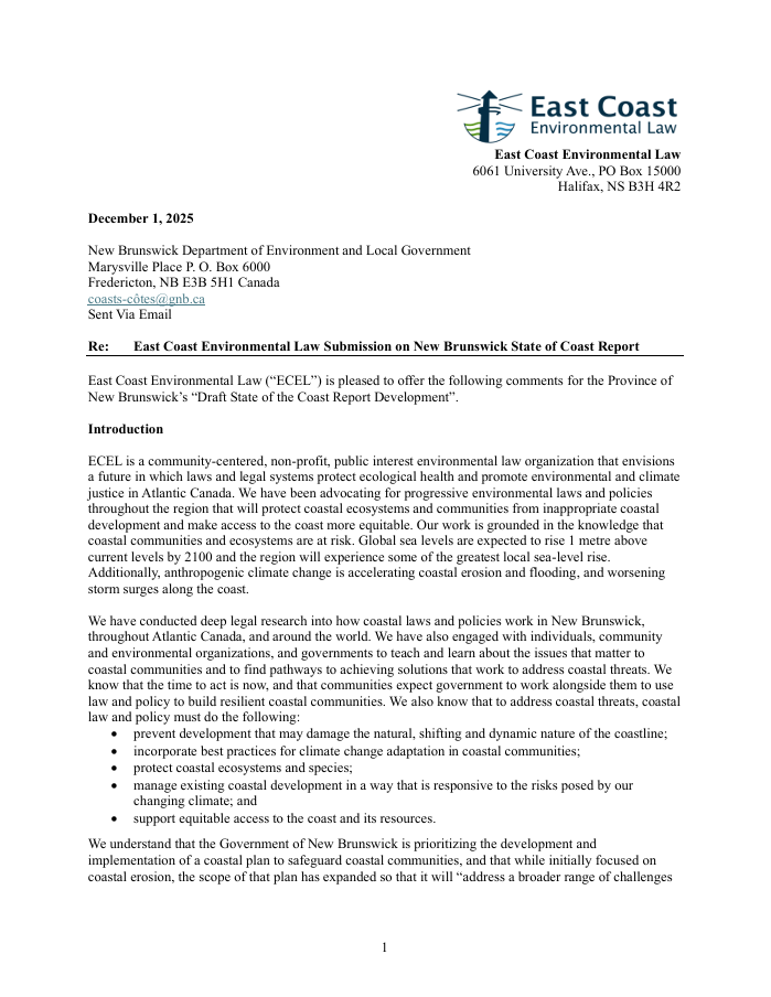 Submission to the New Brunswick Department of Environment and Local Government on New Brunswick’s “Draft State of the Coast Report Development”