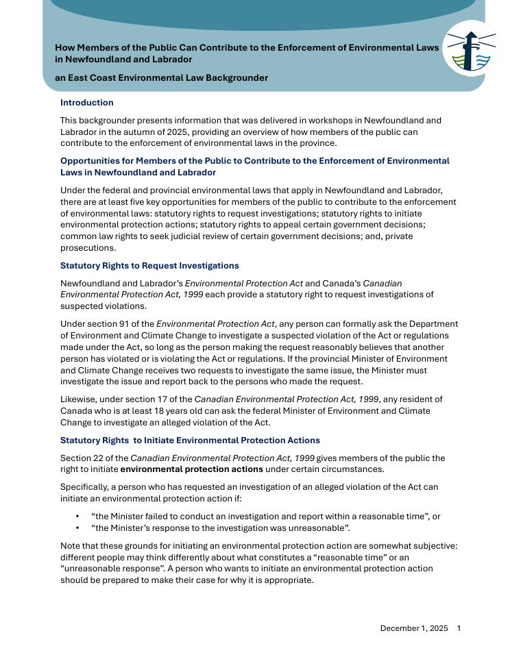 Backgrounder: How Members of the Public Can Contribute to the Enforcement of Environmental Laws in Newfoundland and Labrador