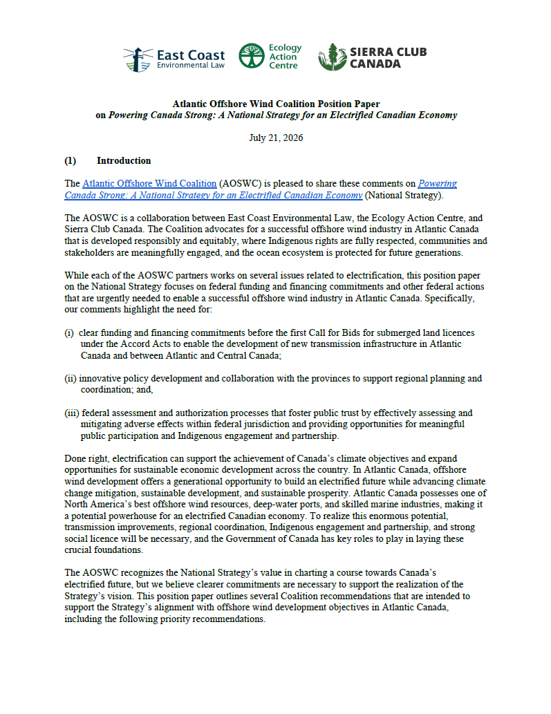 Atlantic Offshore Wind Coalition Position Paper on Powering Canada Strong: A National Strategy for an Electrified Canadian Economy