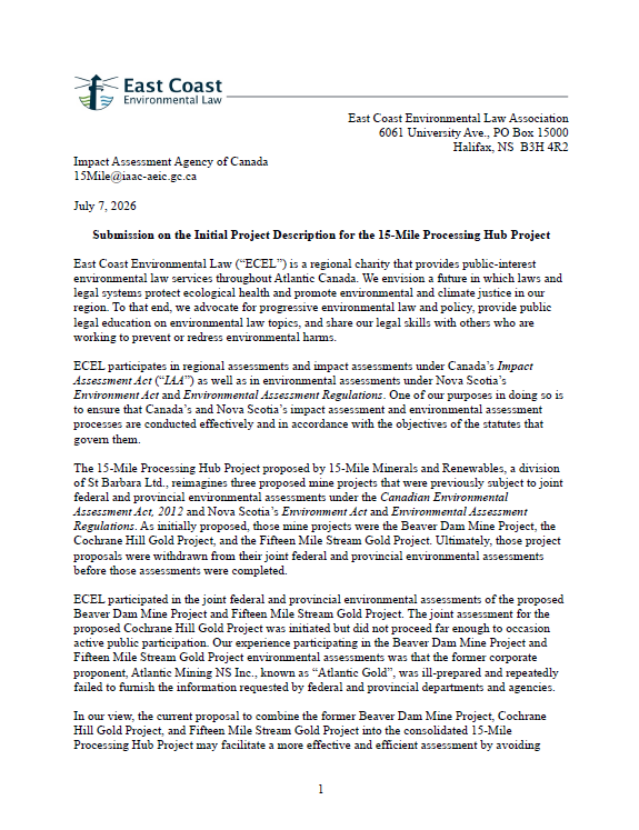 Submission to the Impact Assessment Agency of Canada on the Initial Project Description for the 15-Mile Processing Hub Project