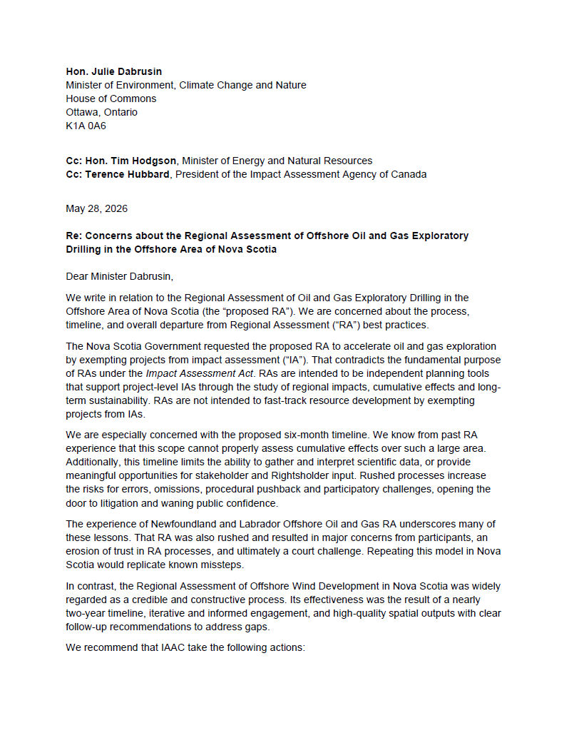 Joint Letter to the Minister of Environment Re: Concerns about the Regional Assessment of Offshore Oil and Gas Exploratory Drilling in the Offshore Area of Nova Scotia