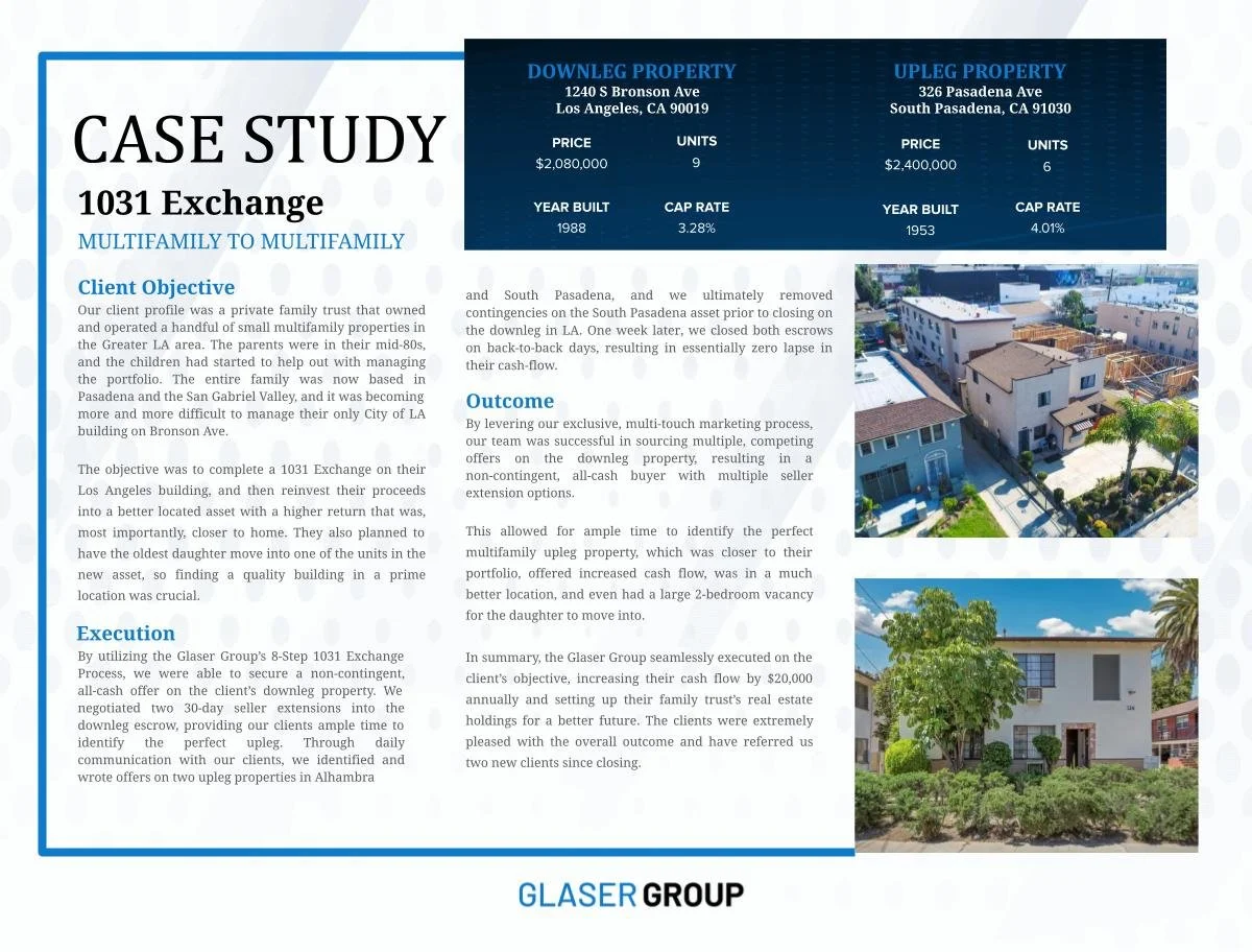Page from a real estate case study detailing a property exchange, with text about client objectives and execution, and includes aerial and ground photos of two residential properties.