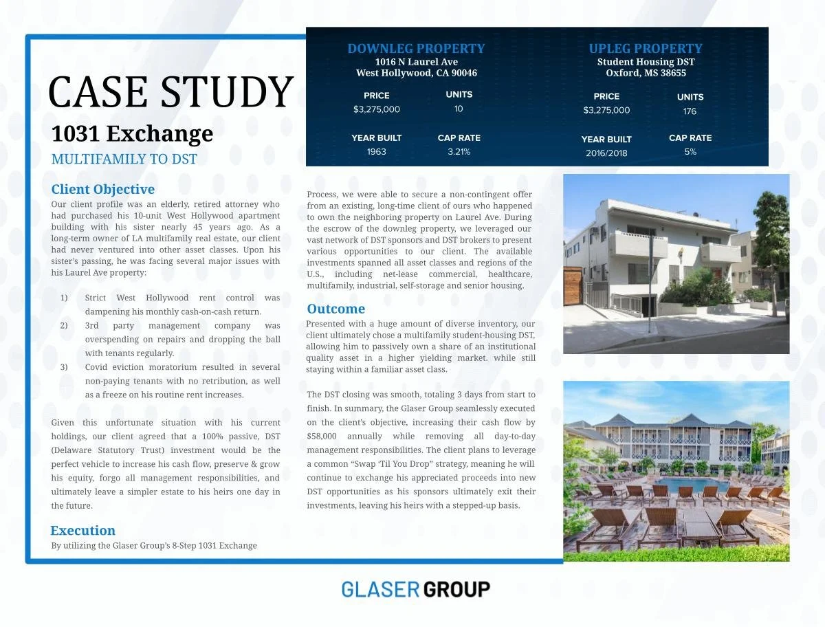 Case study document for 1031 Exchange by Glaser Group, with property details, client objectives, and images of residential buildings.