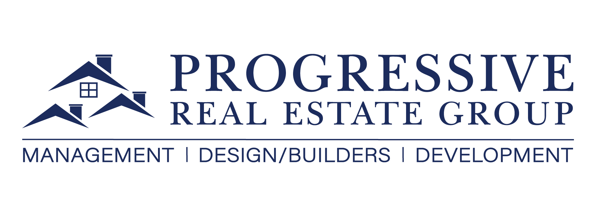 Progressive Real Estate Group logo featuring three stylized blue house icons, company name, and services listed as management, design/builders, and development.
