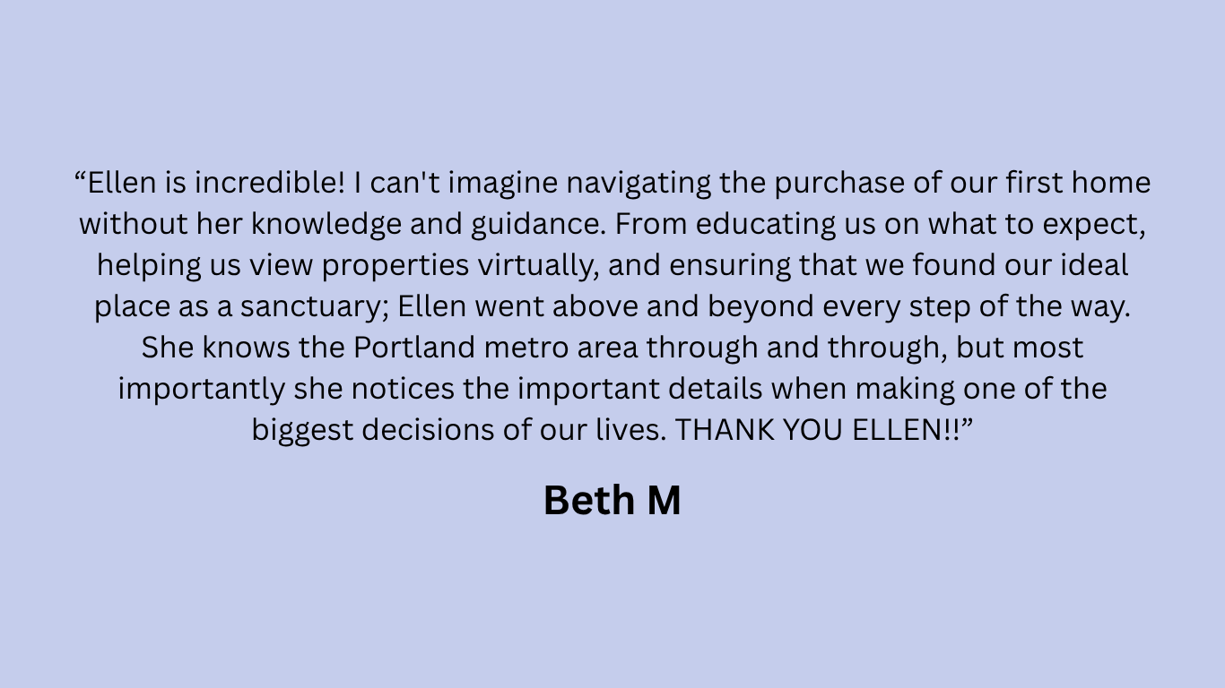 Testimonial praising Ellen for her guidance in home purchasing, signed by Beth M.