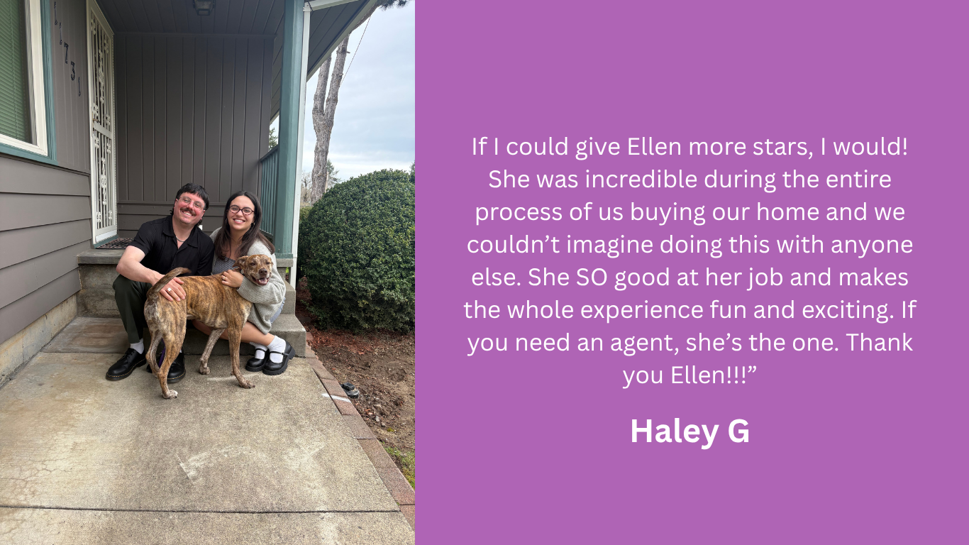 A young girl and a man sitting on a house porch with a brindle dog, all smiling at the camera. A purple text box on the right contains a testimonial from Haley G praising Ellen, an agent, for her work and dedication.