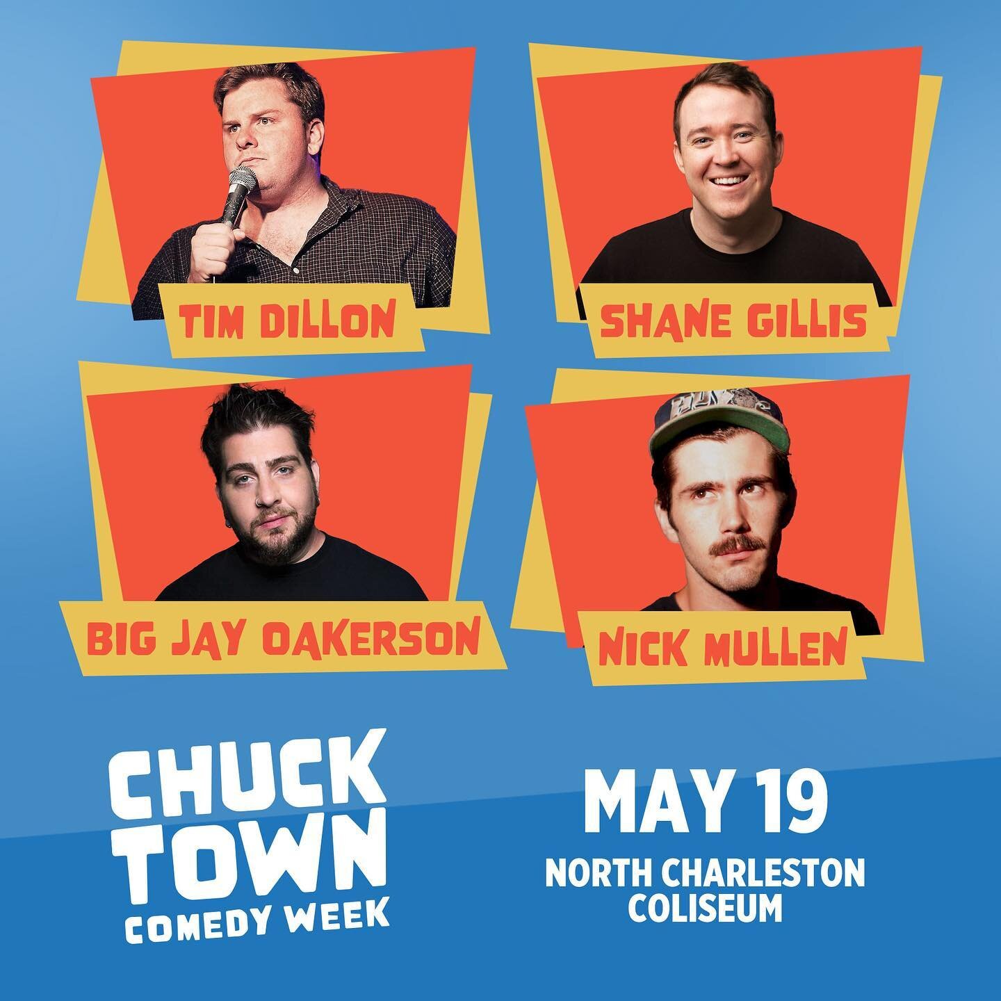 We&rsquo;re pumped for @timjdillon, @shanemgillis, @bigjayoakerson, and @mulldogforever to take the stage at @nchascoliseum TOMORROW night! 🙌

🎫 Limited tickets are still available on #ChucktownComedy.com 🎫