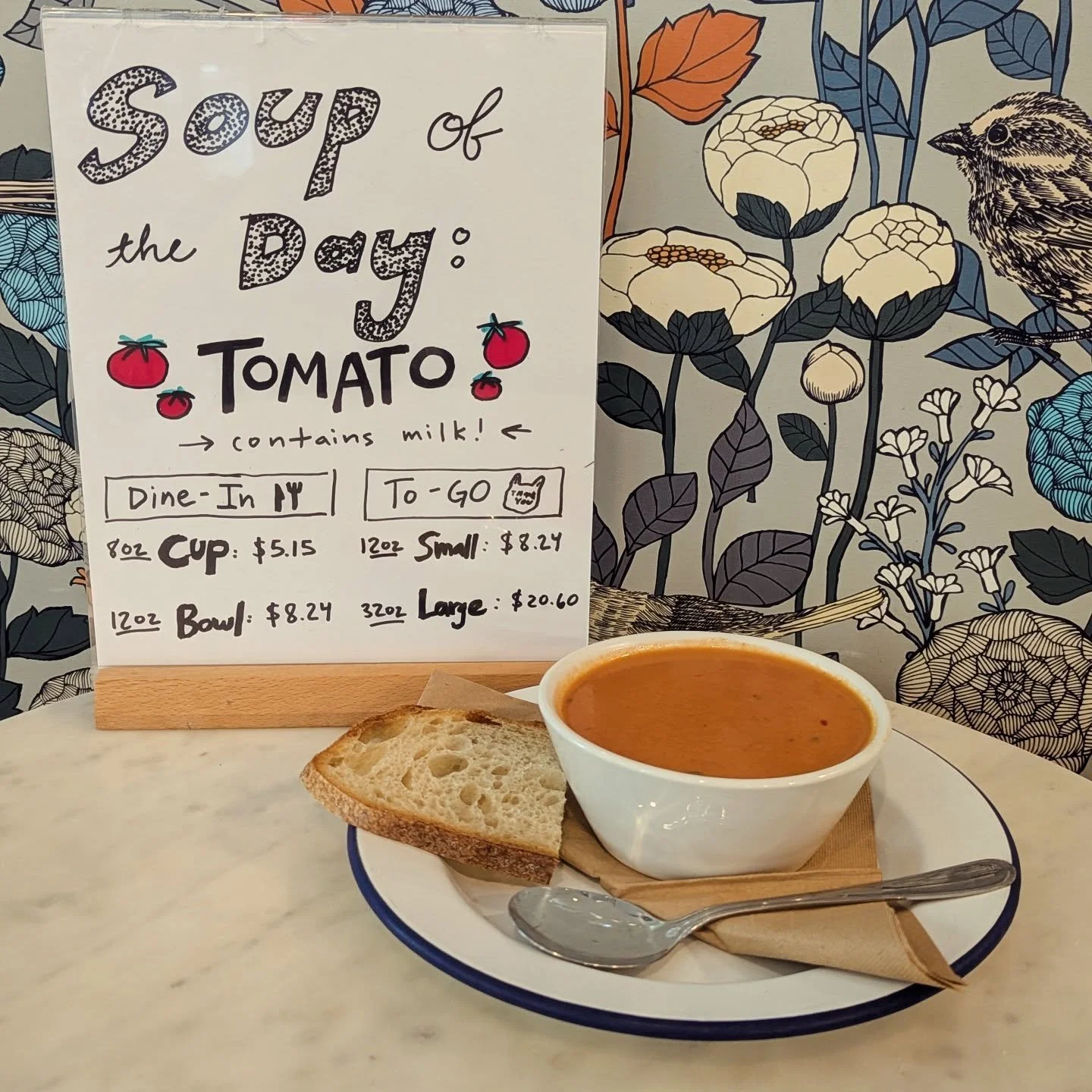 Soup season is back! Starting out with our Creamy Tomato 🥣 🍅 🍂

Soup is available for Dine In: 8oz Cup or 12oz Bowl and To Go: 12oz or 32oz container. Served with @see_and_be_kitchen bread!