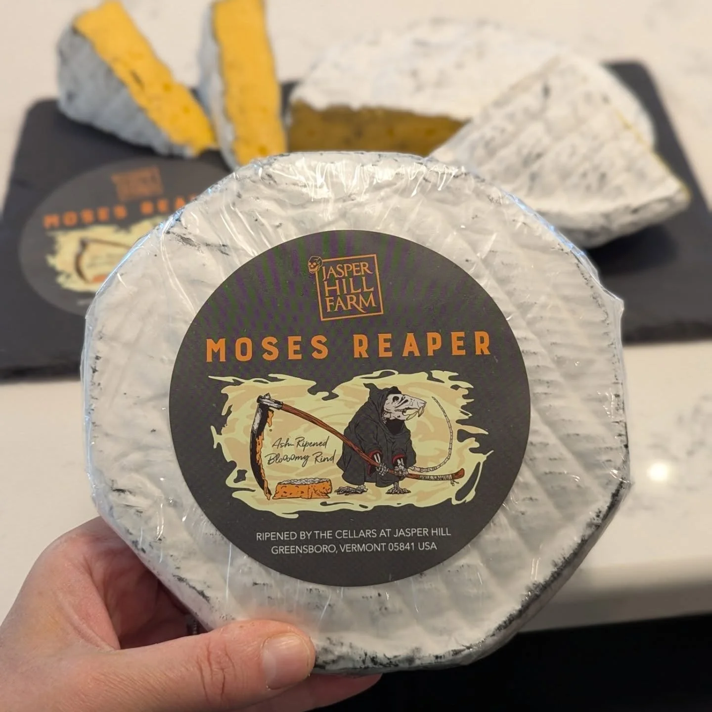 Celebrate spooky season with some themed cheese! 🧀 🎃

@jasperhillfarm Moses Sleeper, a bloomy rind, brie-style cheese, gets spookified with the addition of annatto turning the paste orange and vegetable ash, giving the rind a gray tinge. With notes