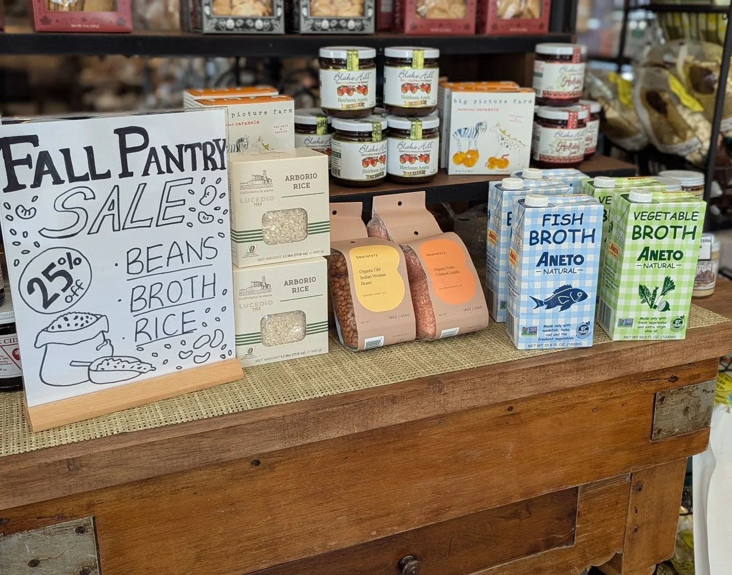 Fall Pantry Sale, 25% off beans &amp; broth &amp; rice! Help us make shelf space for new holiday items. 🫘 🍲 🍚