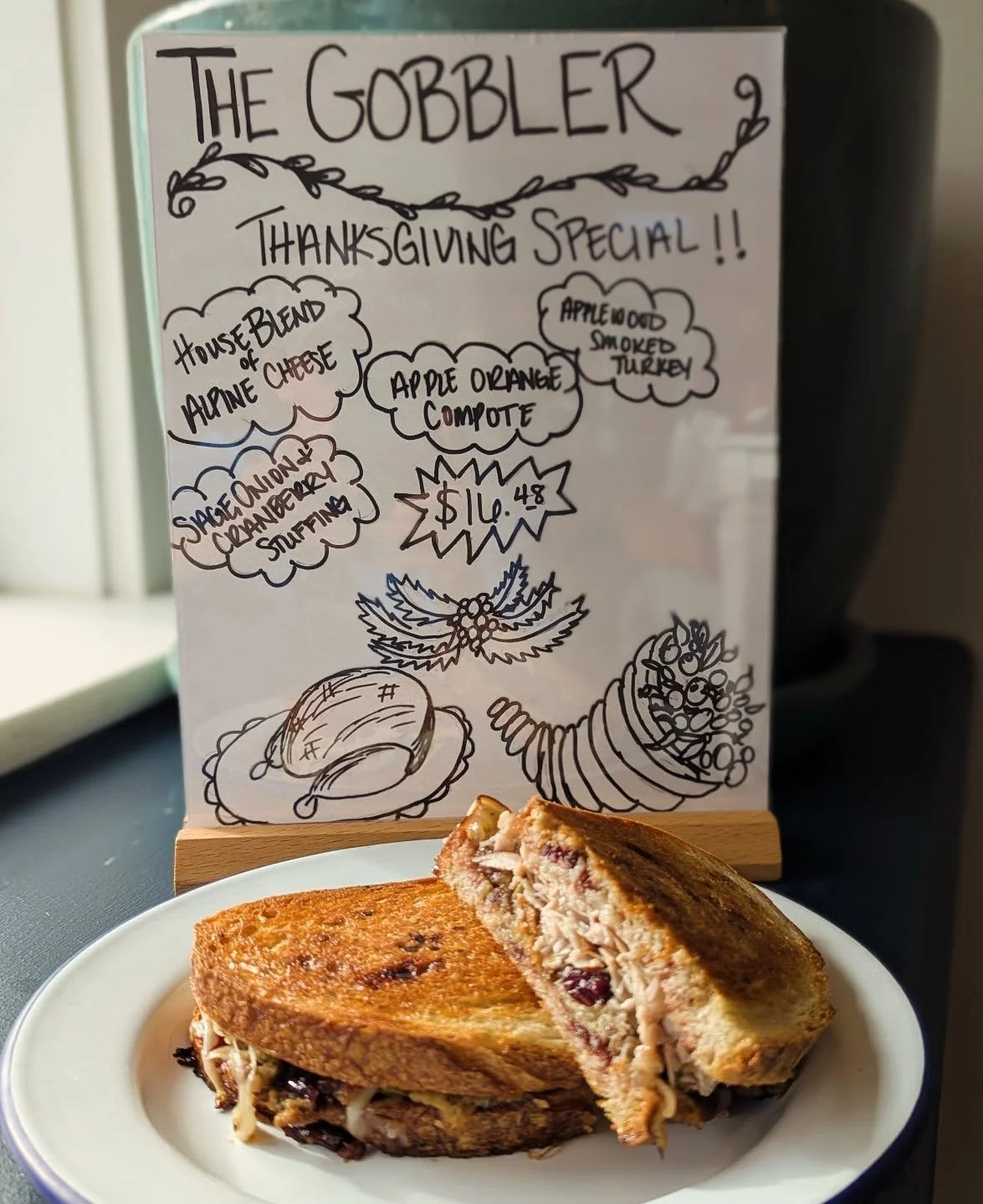 It's back! Our Thanksgiving special grilled cheese, &quot;The Gobbler&quot; featuring smoked turkey, housemade stuffing, our alpine cheese blend, @blakehillpreserves Cranberry Orange compote on your choice of @see_and_be_kitchen bread. Get yours whil