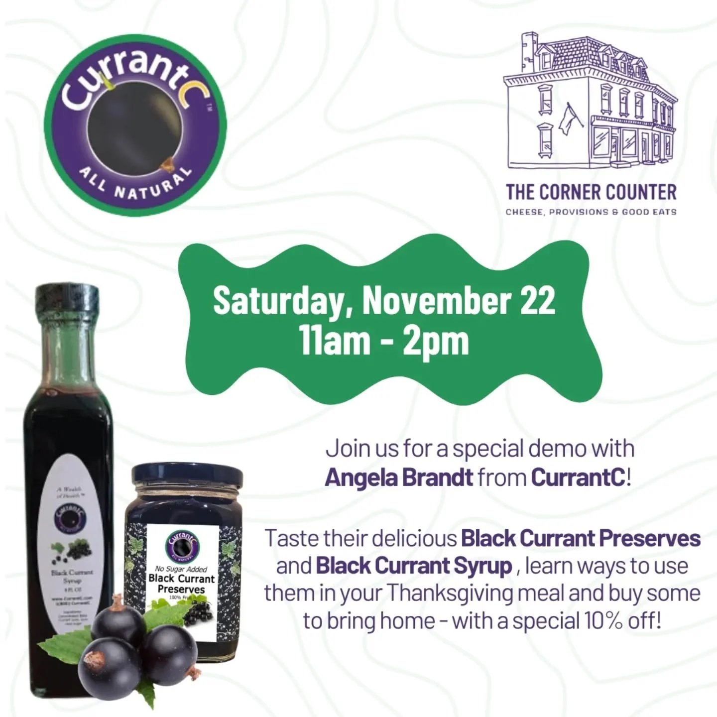 Stop by the shop for a tasting with @currantc tomorrow, Saturday 11/22 from 11am - 2pm. Their Black Currant Preserves &amp; Black Currant Syrup will be 10% off! Grab a jar or two for yourself and stock up on holiday gifts!