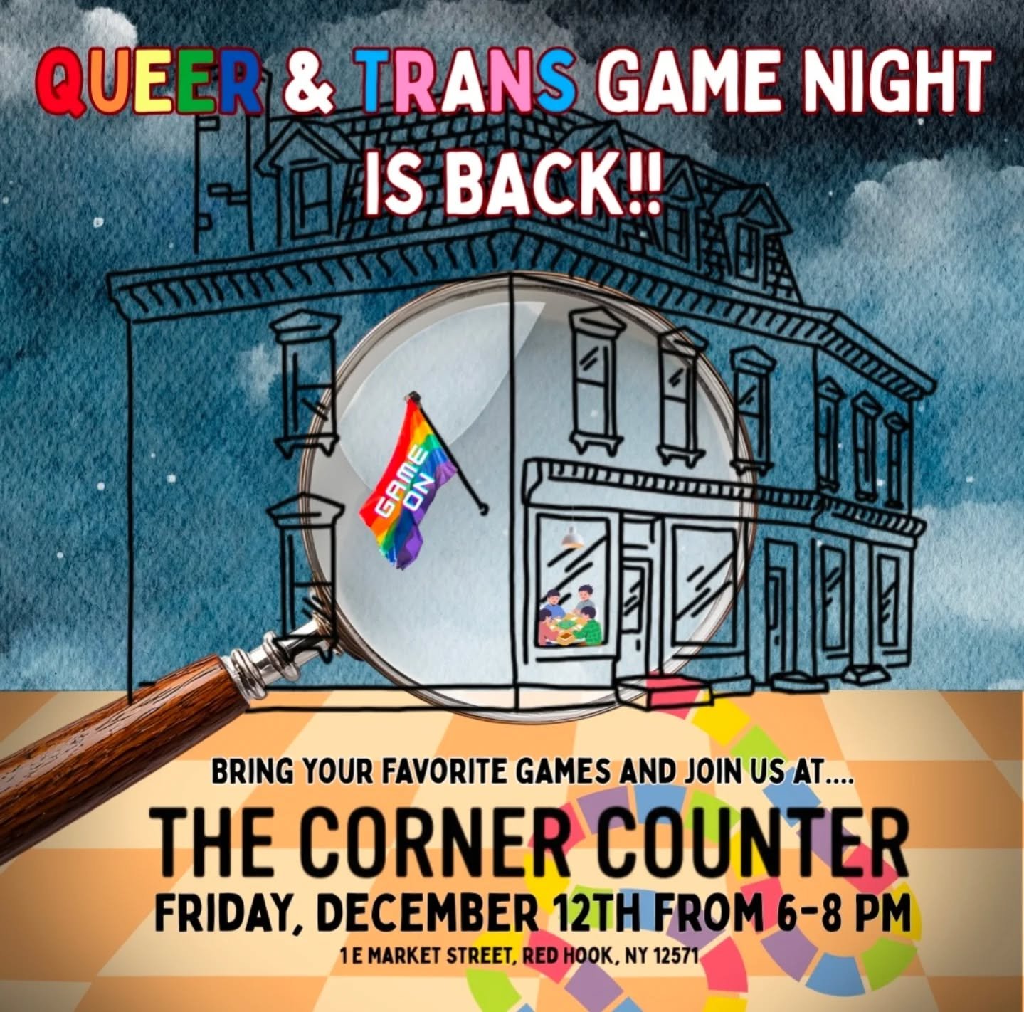 We're happy to host @beckhookpride game night this Friday 12/12 from 6-8pm! 

Grab some friends &amp; a board game and come on by! 

The bar will be open and our grilled cheese menu will be available. We have plenty of snacks &amp; NA drink options a
