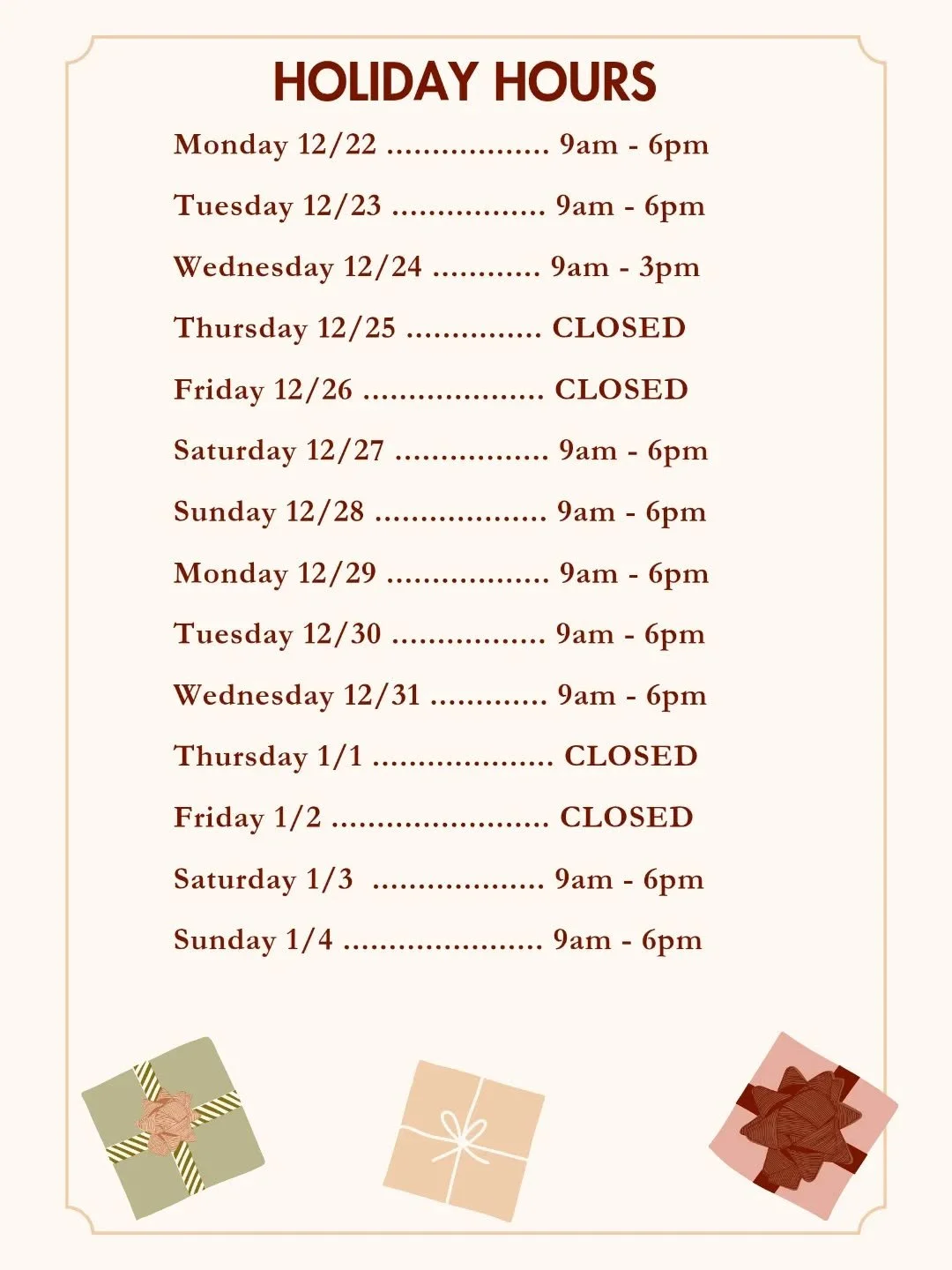 Holiday Hours! We're open everyday through Christmas Eve 🎀 

Come by for breakfast, lunch, an afternoon snack, or drinks at the bar. Browse for holiday gifts and find unique and tasty cheese &amp; charcuterie for your holiday gatherings!