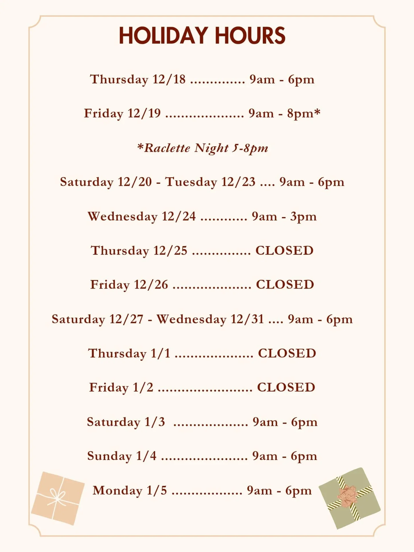 Holiday Hours! Starting tomorrow, Thursday 12/18, we're open everyday through Christmas Eve 🎀

Come by for breakfast, lunch, an afternoon snack, or drinks at the bar. Browse for holiday gifts and find unique and tasty cheese &amp; charcuterie for yo