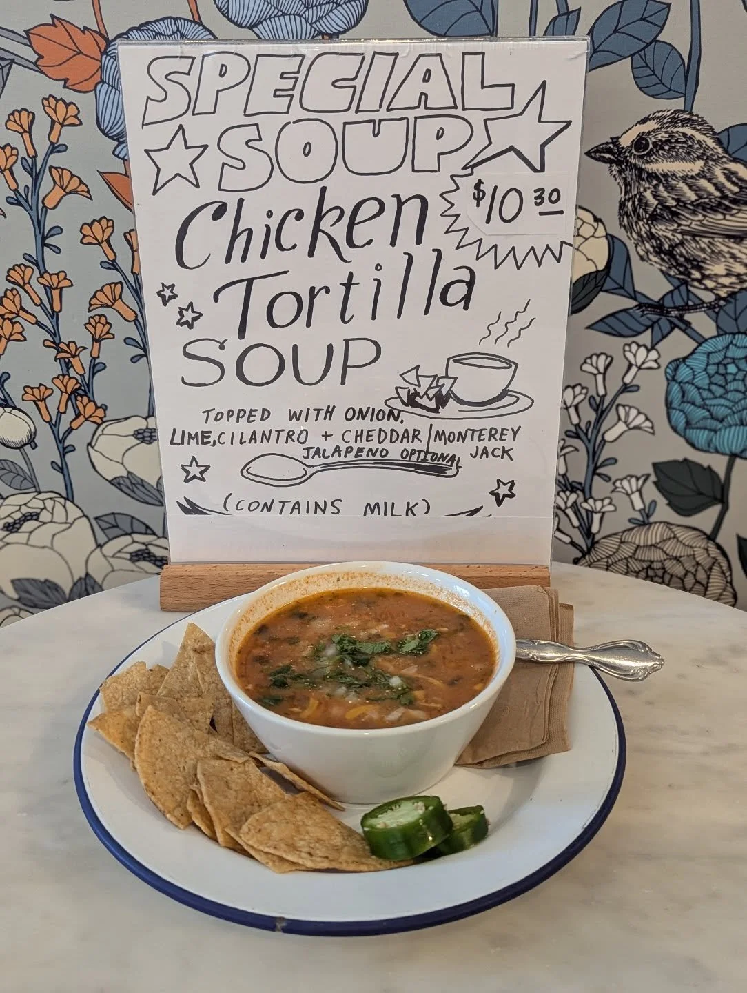 Warm up with our Chicken Tortilla Soup Special today! 🥣 Soup is Gluten Free (contains dairy) and served with tortilla chips.