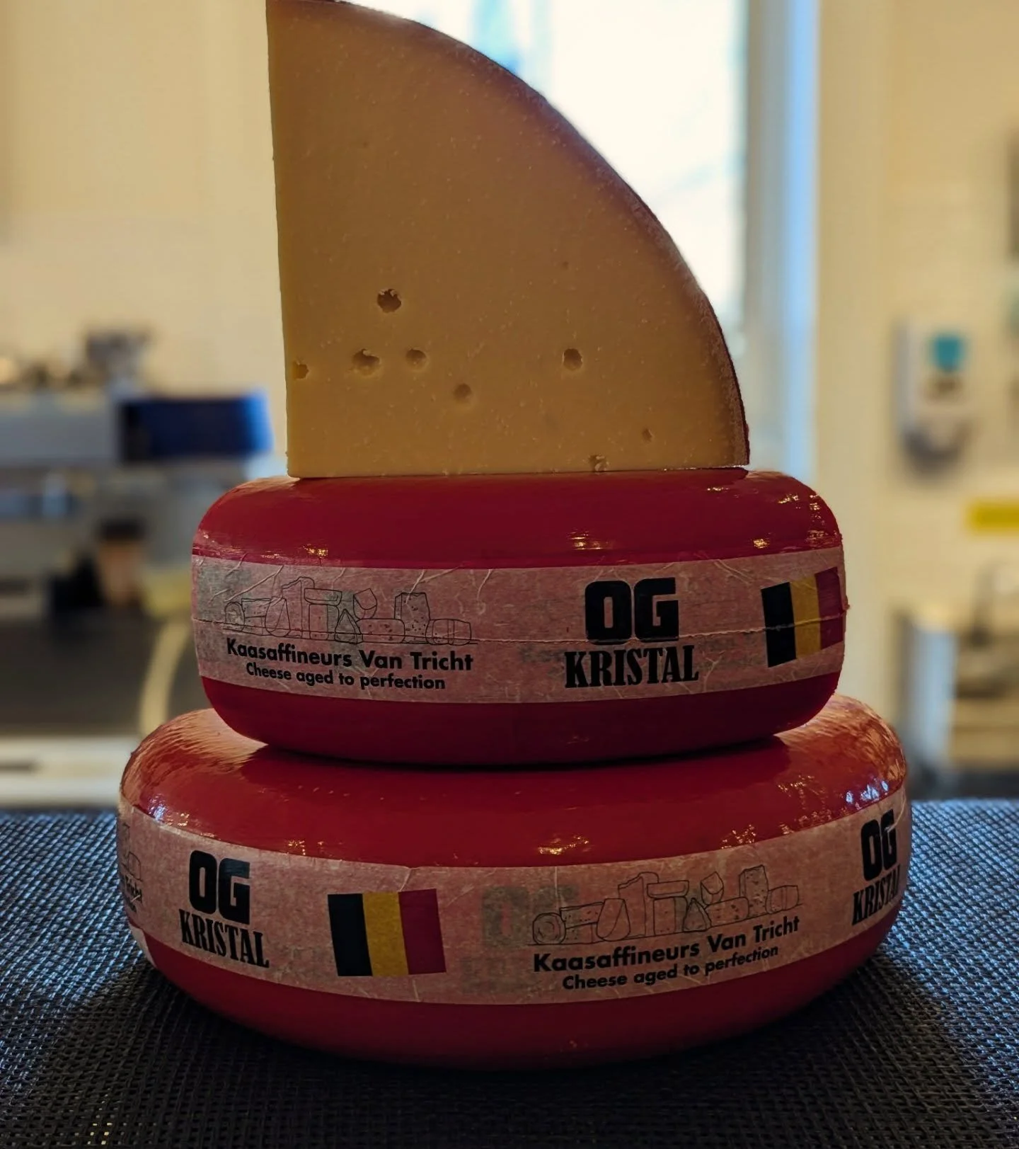 Just cracked open another wheel of OG Kristal Gouda. Produced in Belgium by father &amp; son cheesemakers, the 20lb wheels are aged for 18-months creating a dense creamy paste studded with (tyrosine) crystals that pop like candy in your mouth. Flavor