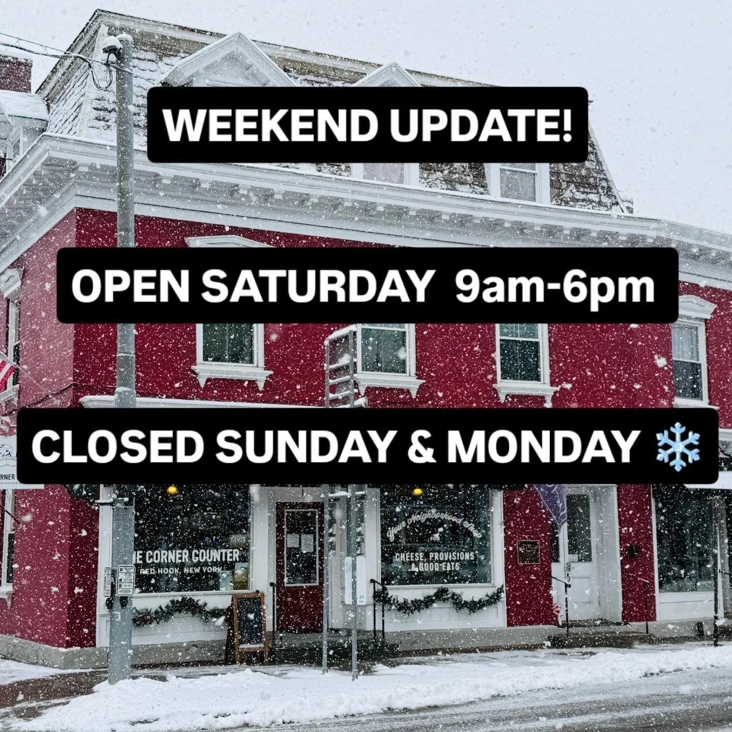 📣 HOURS UPDATE! We will be closed Sunday &amp; Monday ❄️ Dutchess County has issued a state of emergency and restricted travel to emergency vehicles &amp; essential workers. Let's everyone stay off the roads and ride out the storm safely.

We're ope