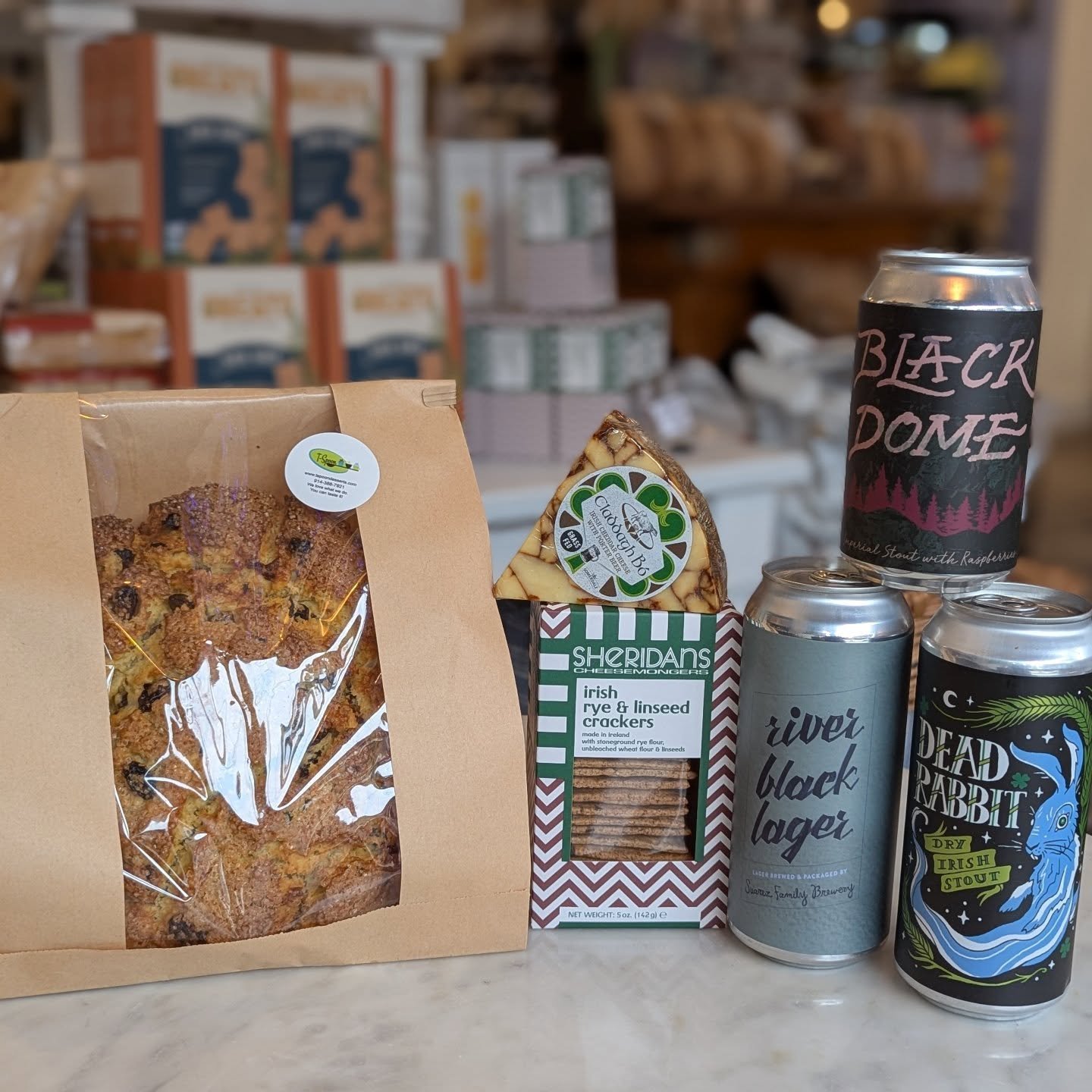 Stop by for some St Paddy's provisions! ☘️🧀🍻

@tspoonkitchen Irish soda bread 
@sheridanscheese Rye crackers 
@somerdalecheese Cladsagh Bo Irish cheddar w/ Porter 
@westkillbrewing @suarezfamilybrewery brews