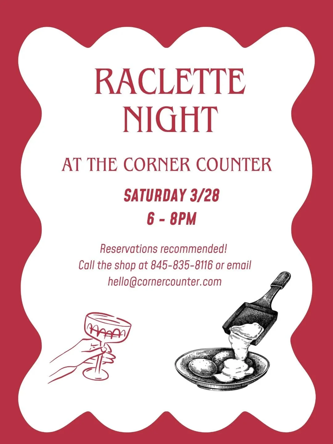 French night @thegrove.rhgc was so fun, we decided to host another Raclette night at The Corner Counter! We'll be serving up roasted potatoes &amp; veggies, baguette &amp; cornichons all topped with ooey gooey melted Raclette cheese.

Next Saturday 3