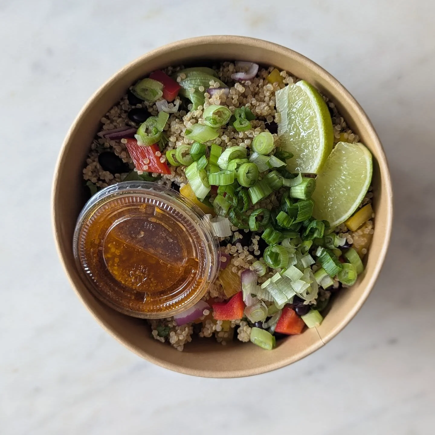 New salad in the case: The Southwest Quinoa! Fluffy quinoa tossed with black beans, rainbow bell peppers, red onion, scallion &amp; cilantro and served over greens. With a  honey chipotle vinaigrette 🌶️