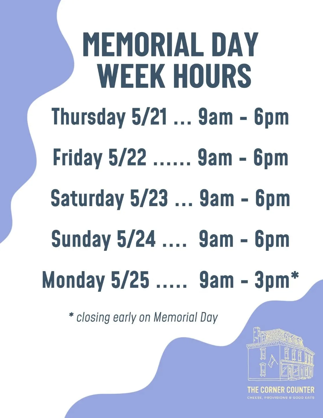 Memorial Day weekend is upon us, the unofficial kickoff to summer! ⛱️ ☀️ We'll be open regular hours this week and closing at 3pm on Memorial Day Monday.

We're fully booked for catering Friday &amp; Saturday, but have some availability for Sunday &a