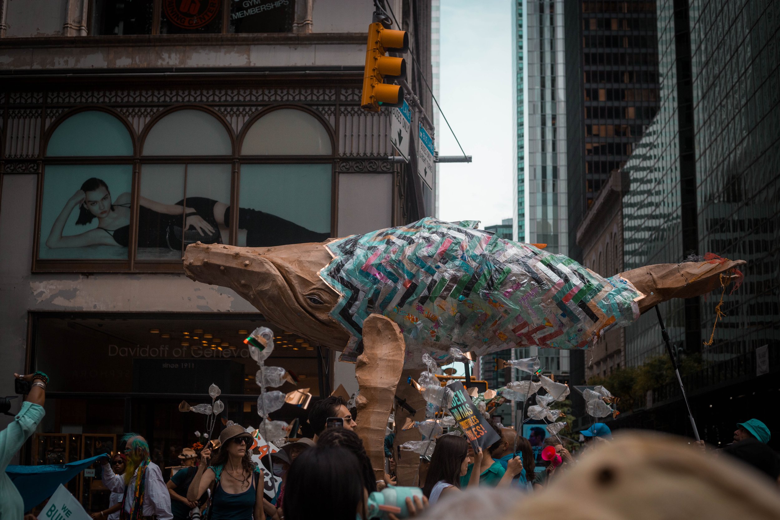  Extensive creativity went into the preparation and designs for the march. This paper mache whale was part of a protest production by Reverend Billy and the Church of Stop Shopping. 