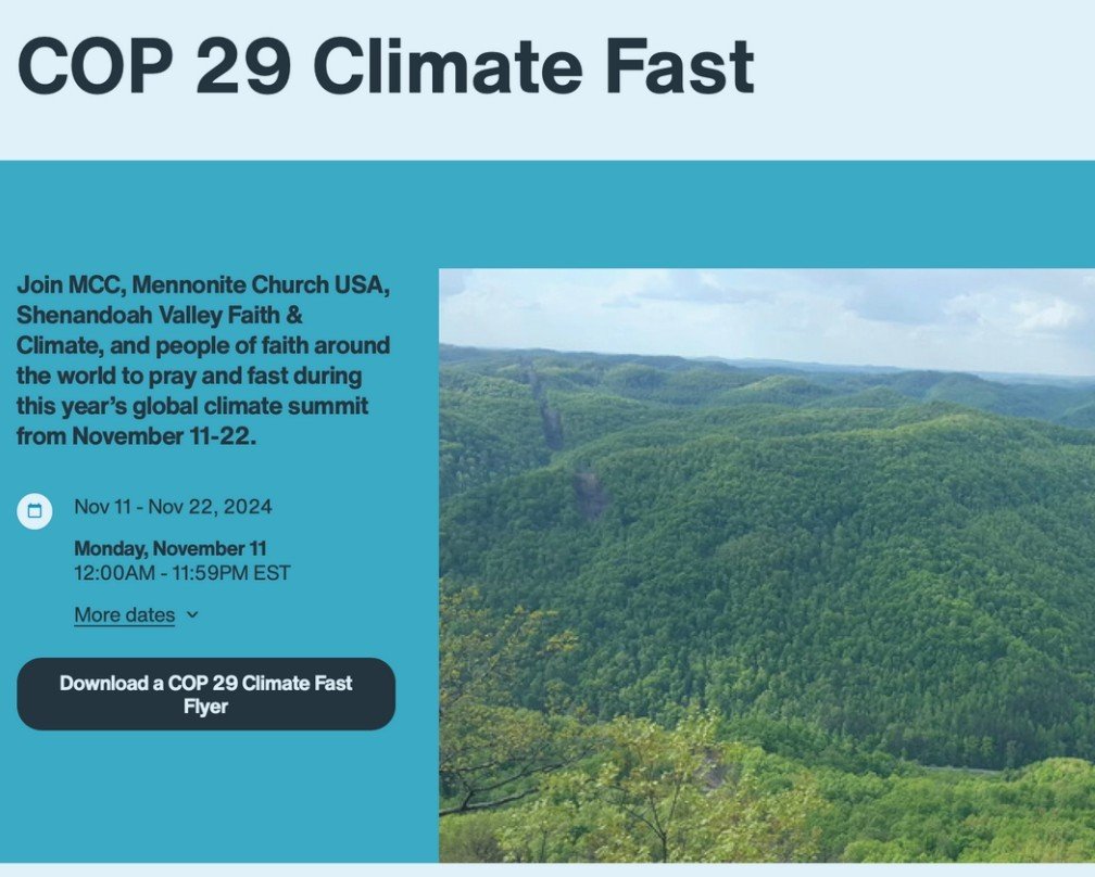 🌍 Stand with COP 29 for Climate Action! 🌍 ⁠
⁠
The Conference of the Parties (COP) to the United Nations Framework Convention on Climate Change (UNFCCC) is happening next week in Baku, Azerbaijan. ⁠
⁠
Join MCC, Mennonite Church USA, Shenandoah Valle