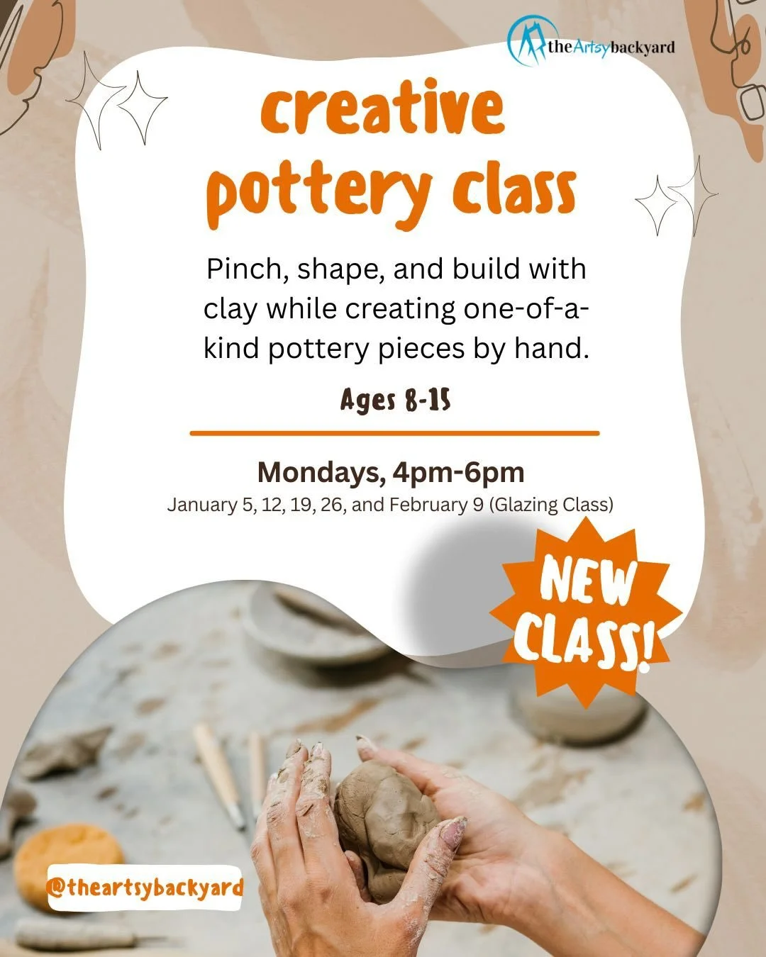 ✨ NEW CLASS ✨
Creative Pottery for kids &amp; teens ages 8&ndash;15 🏺

Pinch, shape, and build with clay while learning real hand-building techniques. Students will create functional and decorative pottery pieces completely by hand, from start to gl