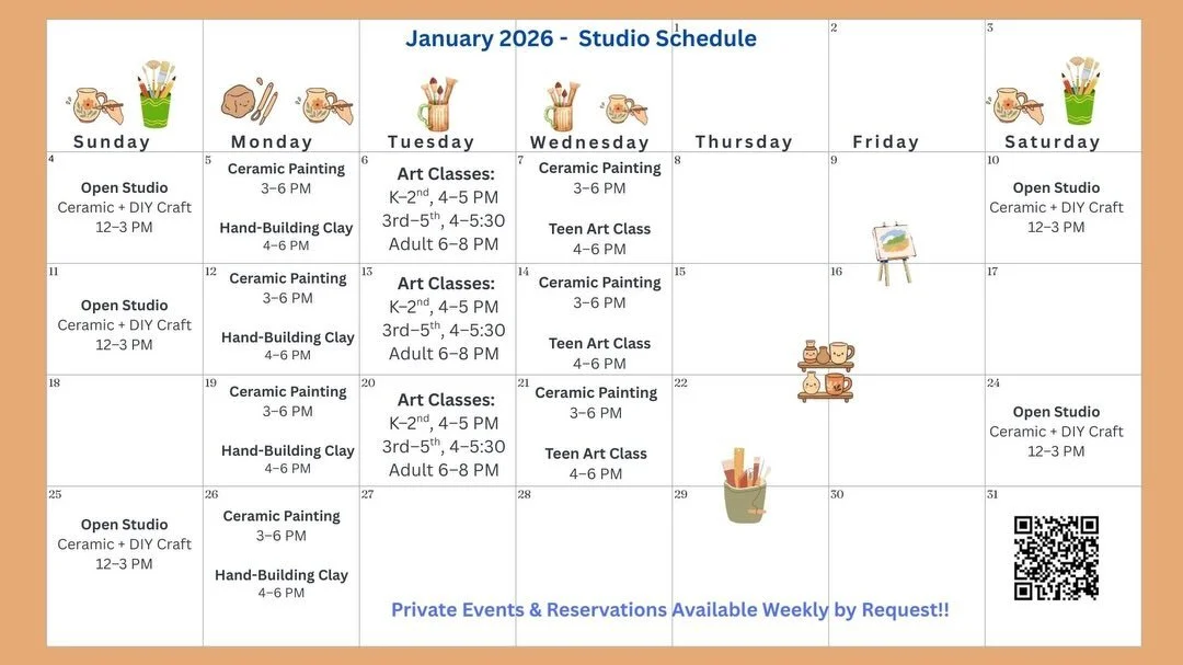 January at The Artsy Backyard ✨
A full month of creating, painting, and getting your hands messy in the best way.

🖌 Open Studio
🏺 Ceramic Painting
🎨 Art Classes for Kids, Teens &amp; Adults
🤍 Hand-Building Clay
🎉 Private events available by req