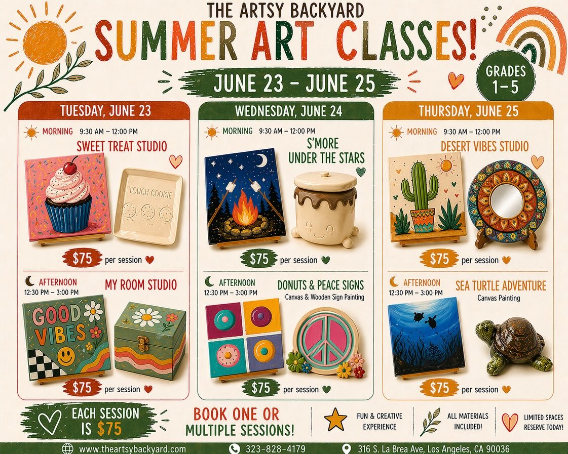 ☀️ Summer Art Classes (New Format!)
This summer looks a little different &mdash; and we love it.
Instead of full-day camps, we&rsquo;re offering flexible art sessions so you can choose what works best for your schedule.
Morning Session: 9:30 AM &ndas