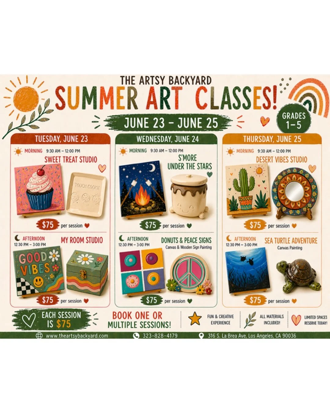 ☀️Summer registration is officially open!

Give your child a summer filled with creativity, confidence, and hands-on fun. From painting and ceramics to mixed media projects, every session offers something new to explore.

Choose one class or build yo