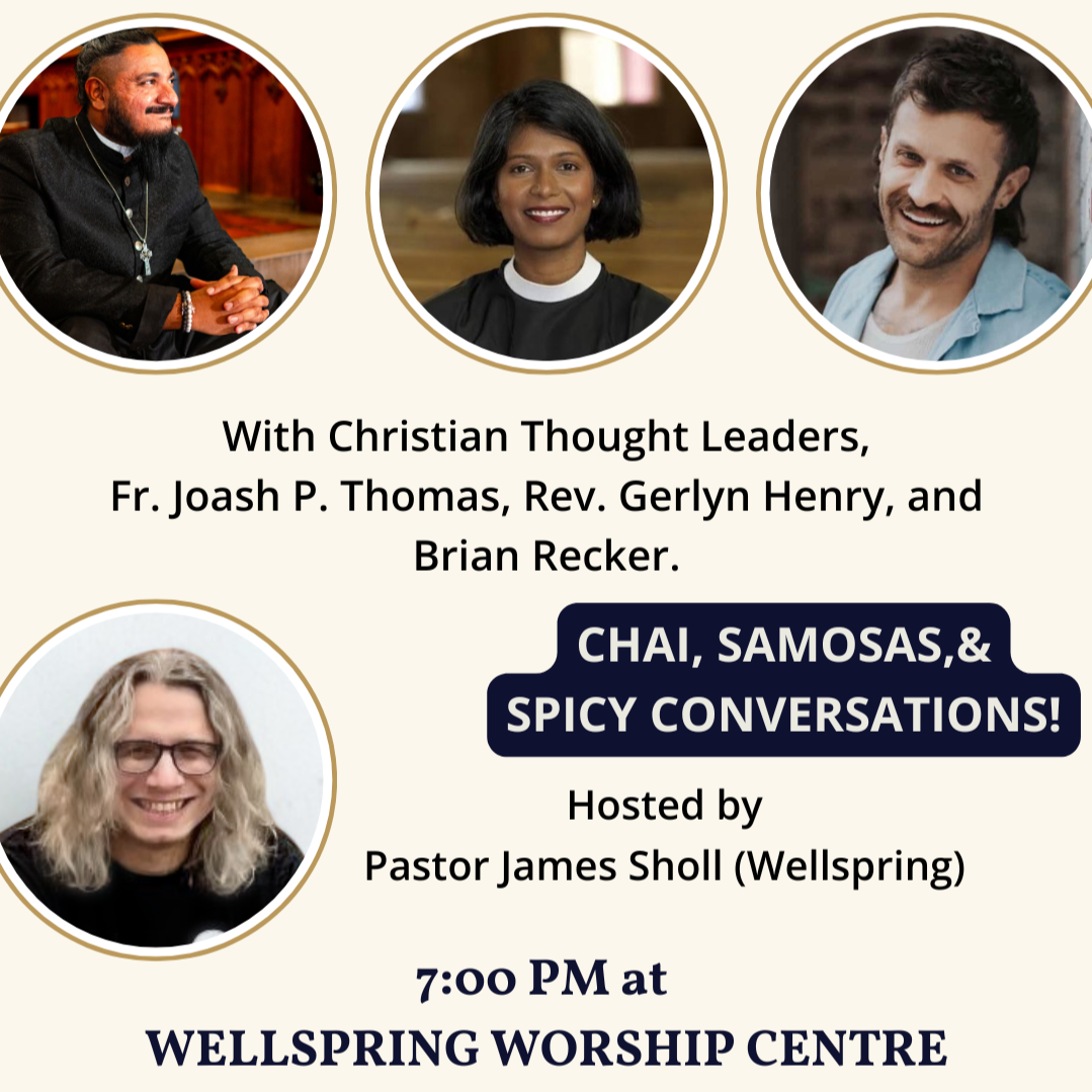 An event poster for 'Heretics' Club. Text reads: With Christian thought leaders, Fr. Joash Thomas, Rev. Gerlyn Henry, and Brian Recker. Chai, samosas, & spicy conversations! Hosted by Pastor James Sholl (Wellspring) 7:00 PM at WWC.