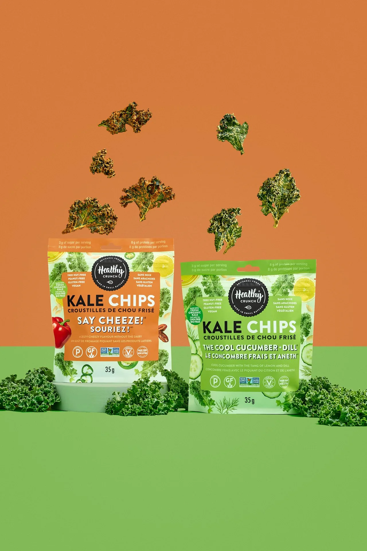 bold, colorful, vibrant commercial food product photography of healthy crunch kale chip packaging surrounded by floating kale leaves on a colourful set.

