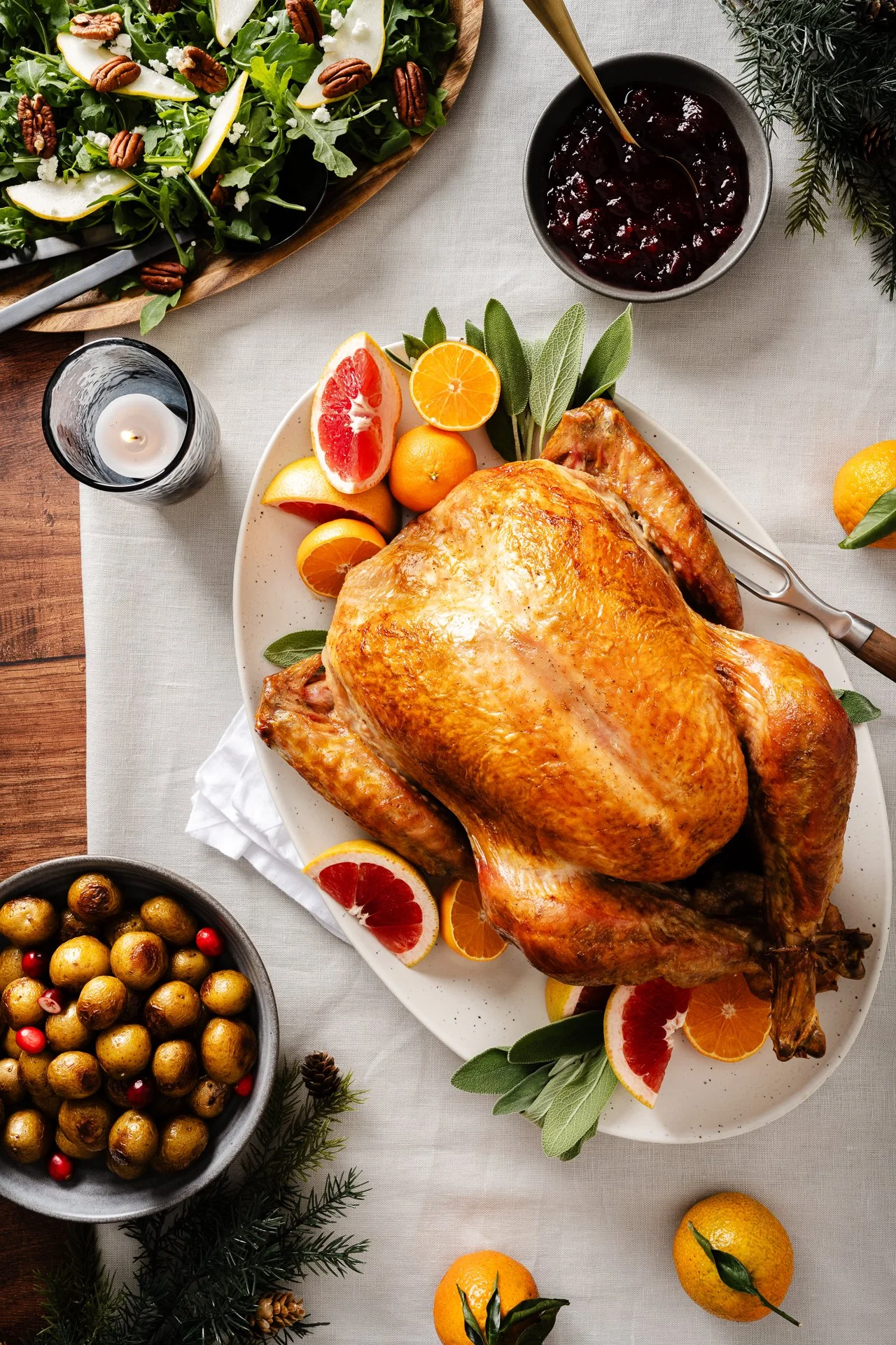 roast turkey tablescape with a fall salad and roasted potatoes