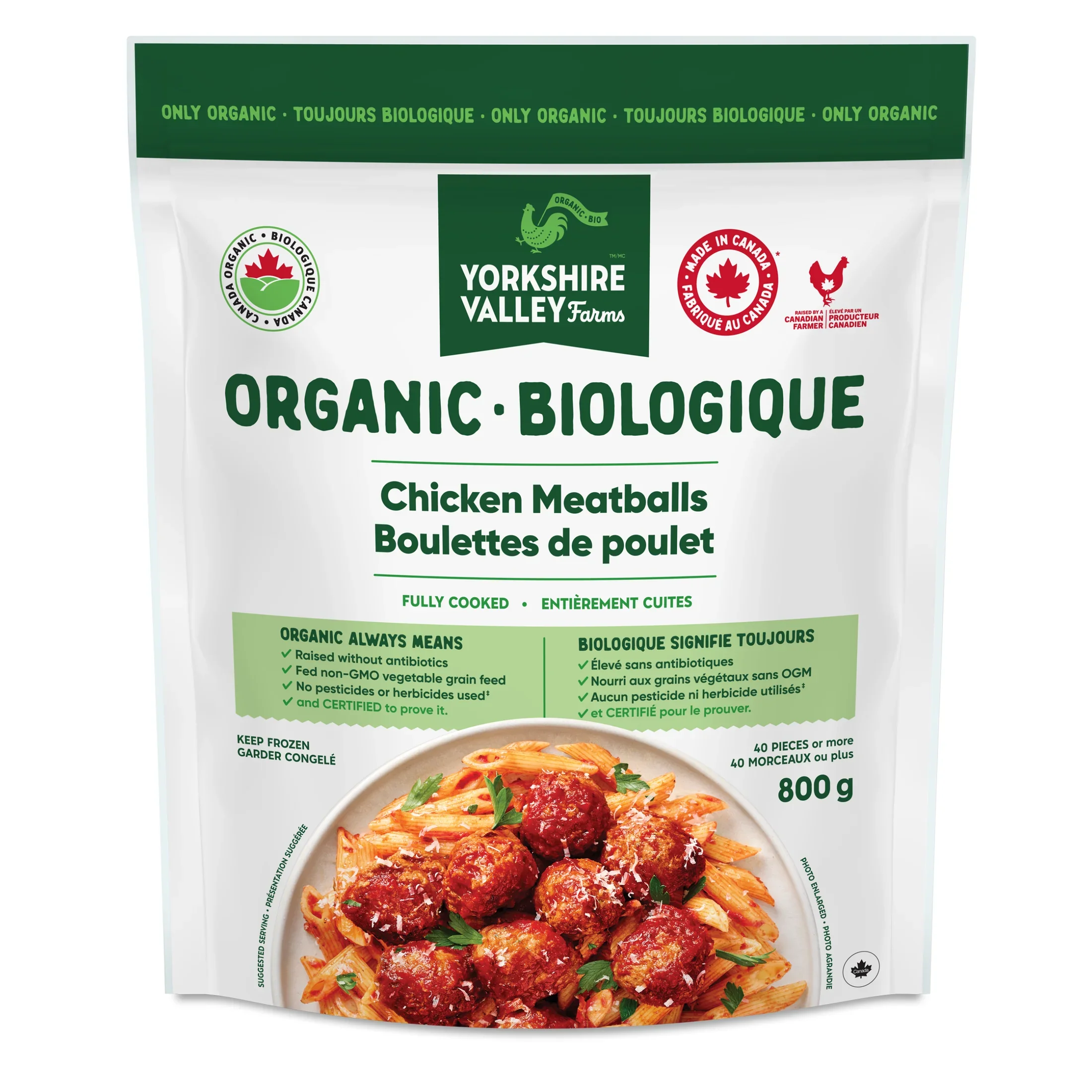 Package of yorkshire valley organic chicken meatballs with an image of cooked spaghetti with meatballs on a plate.