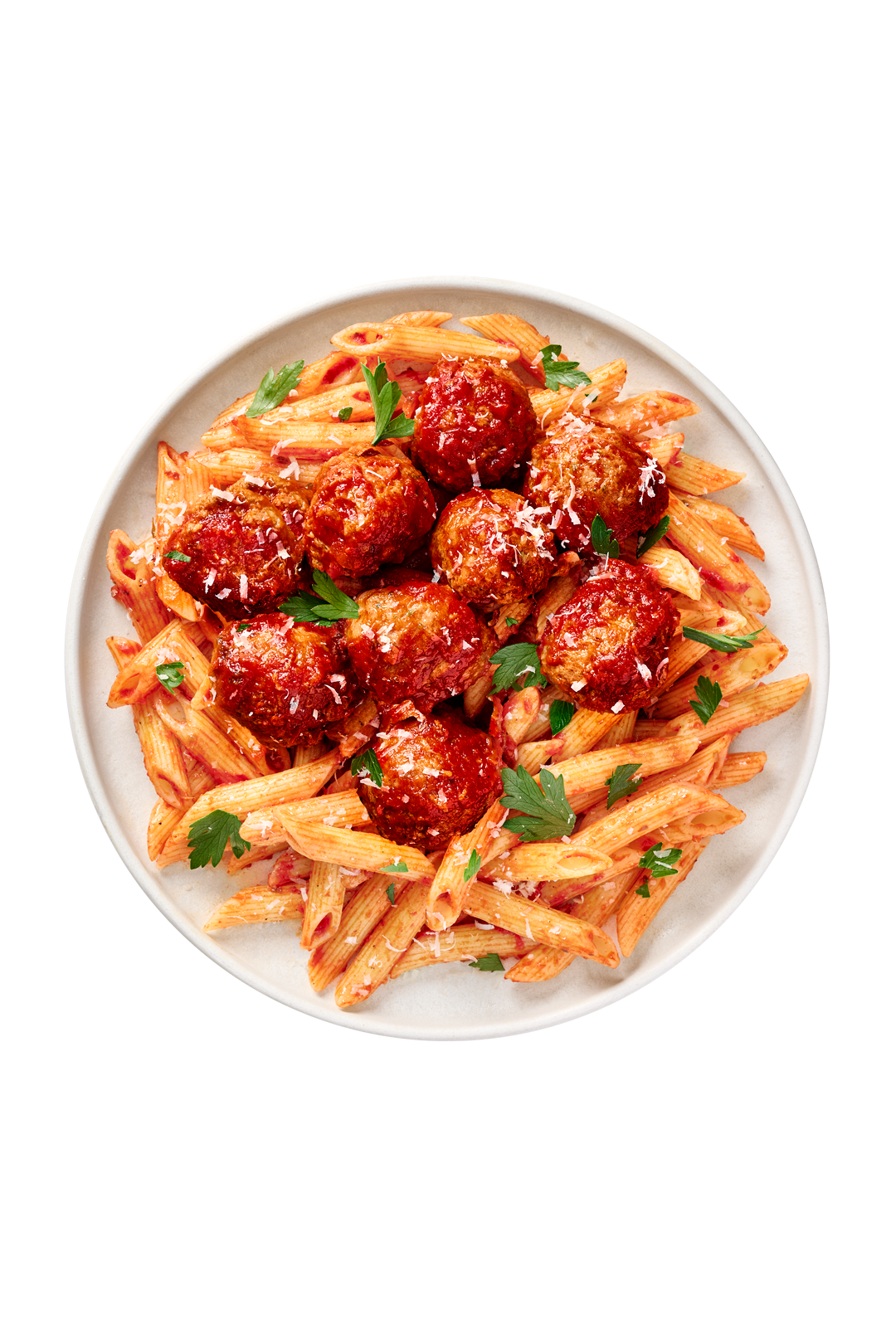 Plate of penne pasta with marinara sauce, topped with meatballs, grated cheese, and parsley.