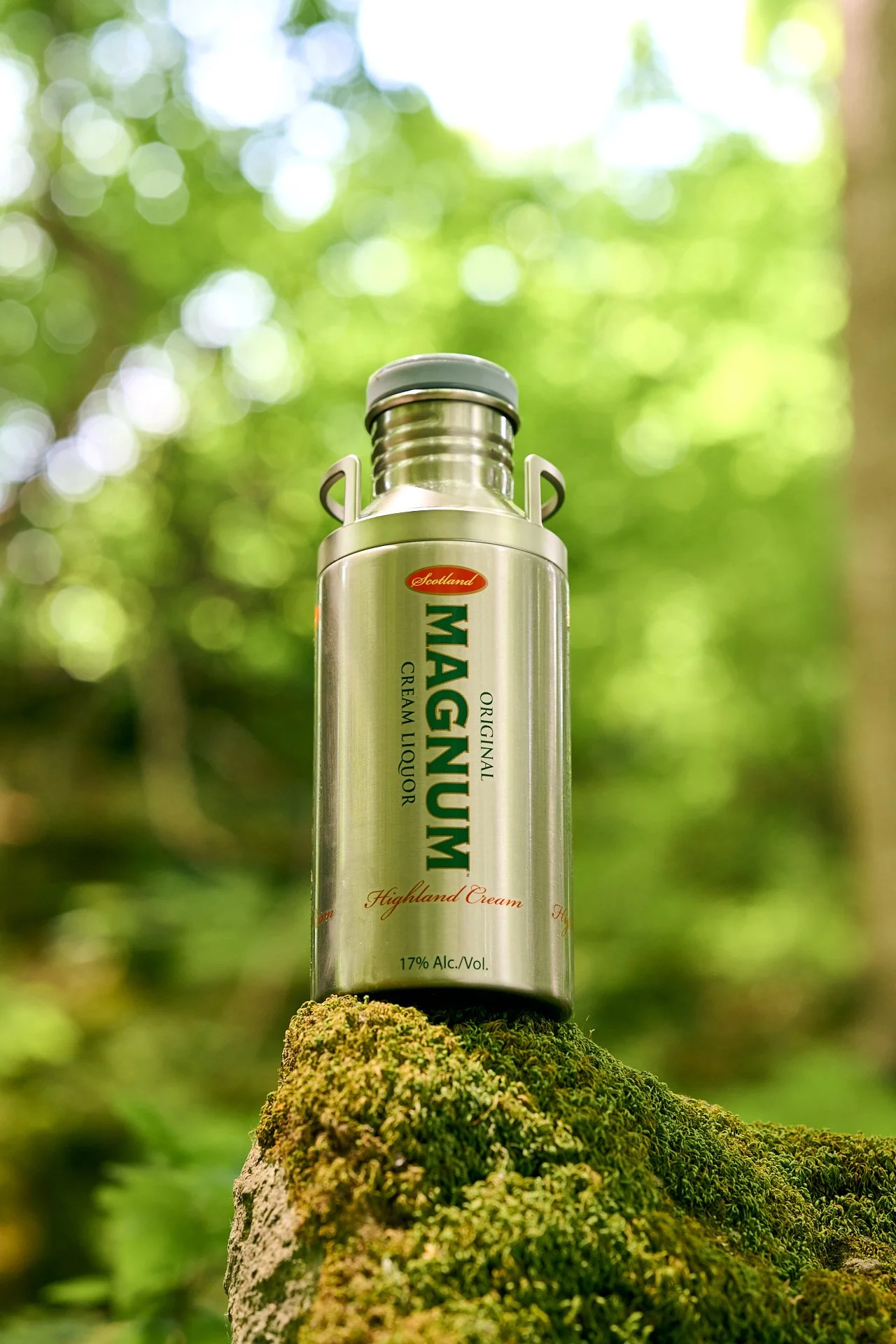 product image of a cream liqueur bottle in a natural setting