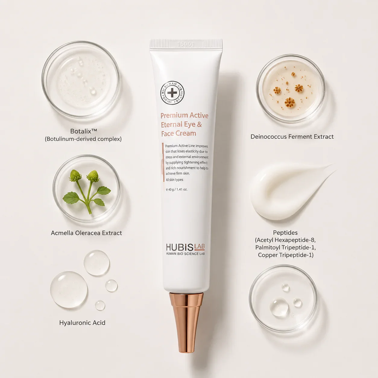 hubislab-premium-active-eternal-eye-face-cream-minimal-ingredient-flatlay.webp