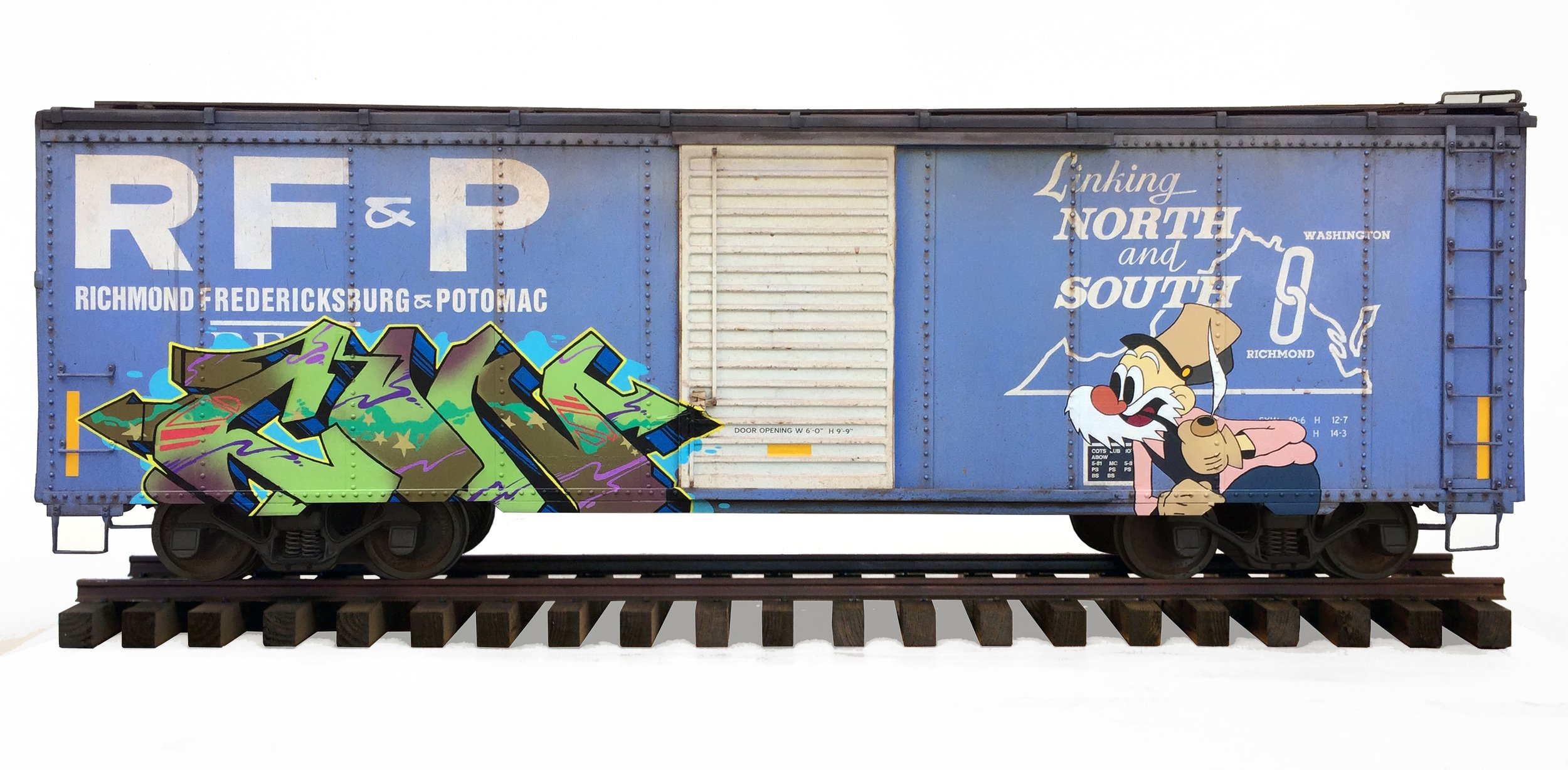 RF&P
17 x 22 x 72 in (43.18 x 55.88 x 182.88 cm)
Mixed media on metal train
2015