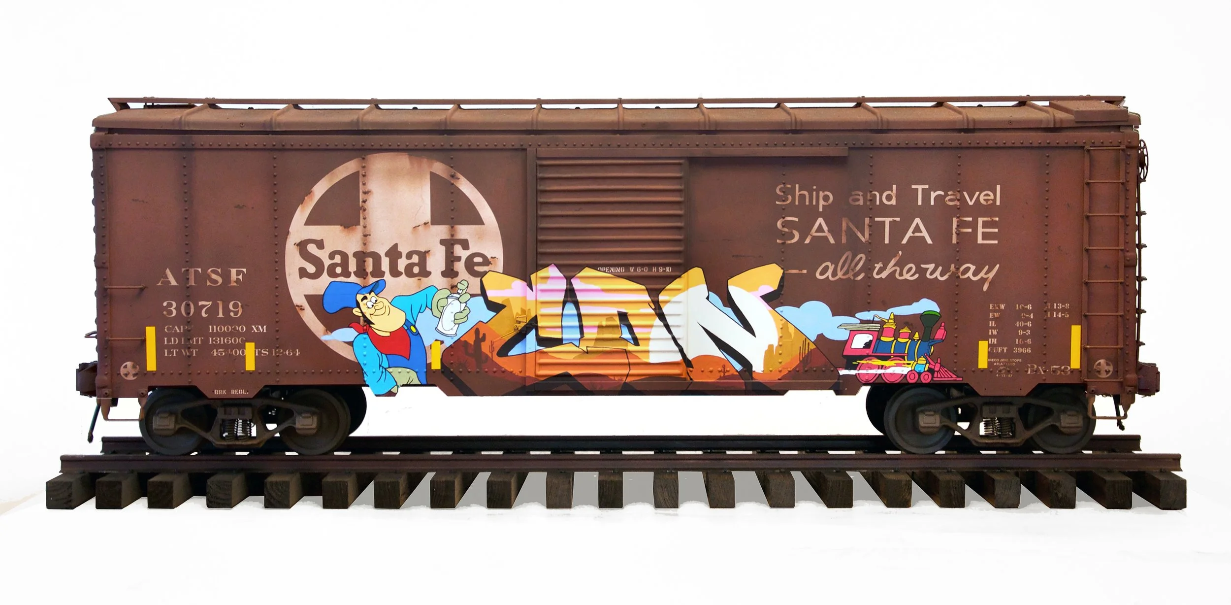 Santa Fe
17 x 22 x 67 in (43.18 x 55.88 x 170.18 cm)
Mixed media on metal train
2016