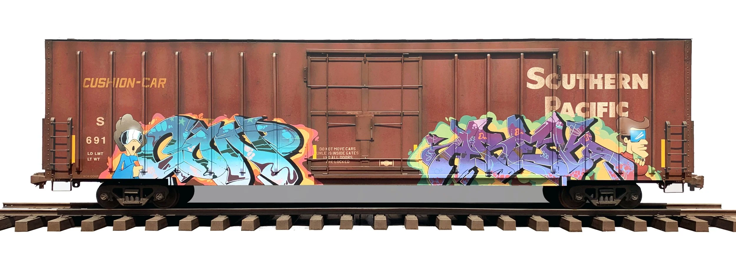 Southern Pacific
(Side A)
16 x 27.5 x 108 in (40.64 x 69.85 x 274.32 cm)
Mixed media on metal train
2021