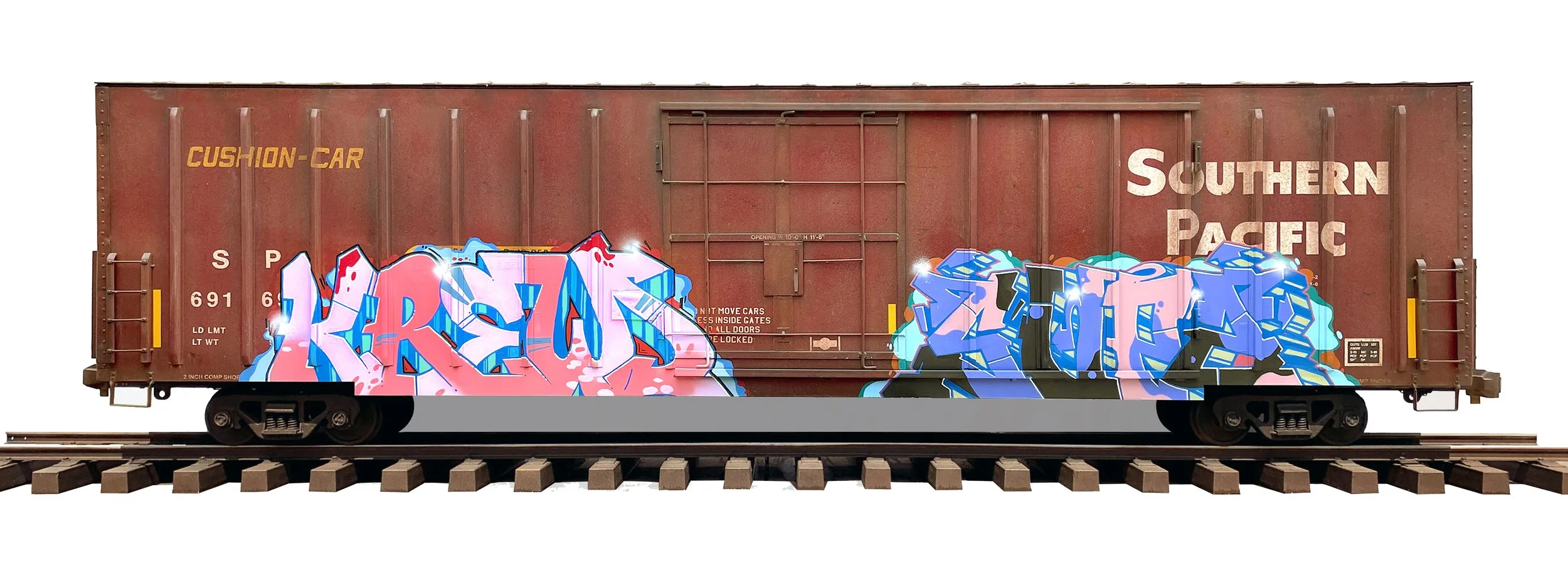 Southern Pacific
(Side B)
16 x 27.5 x 108 in (40.64 x 69.85 x 274.32 cm)
Mixed media on metal train
2021