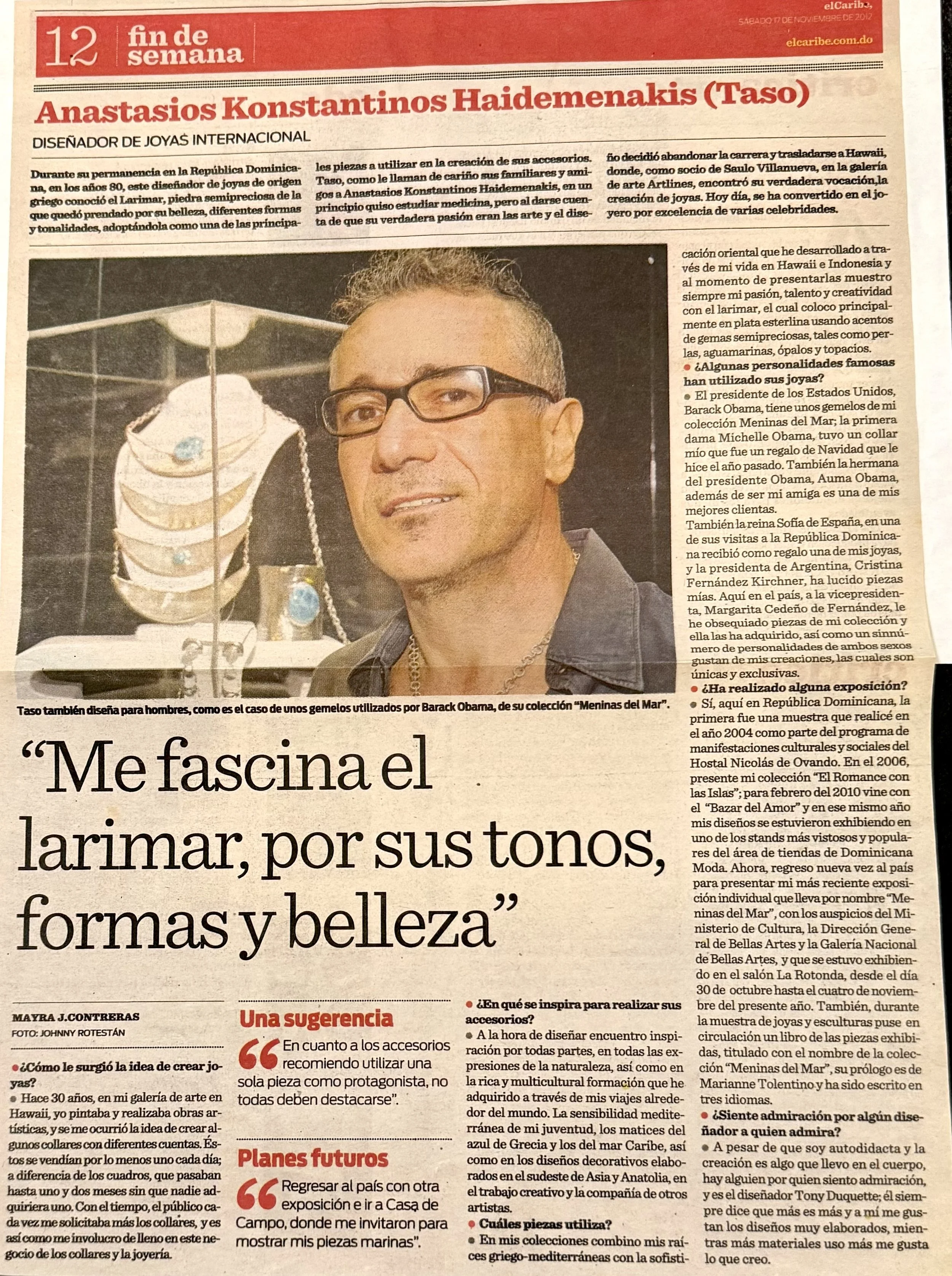 Jewelry designer TASO featured in the press alongside his Larimar and pearl jewelry designs.