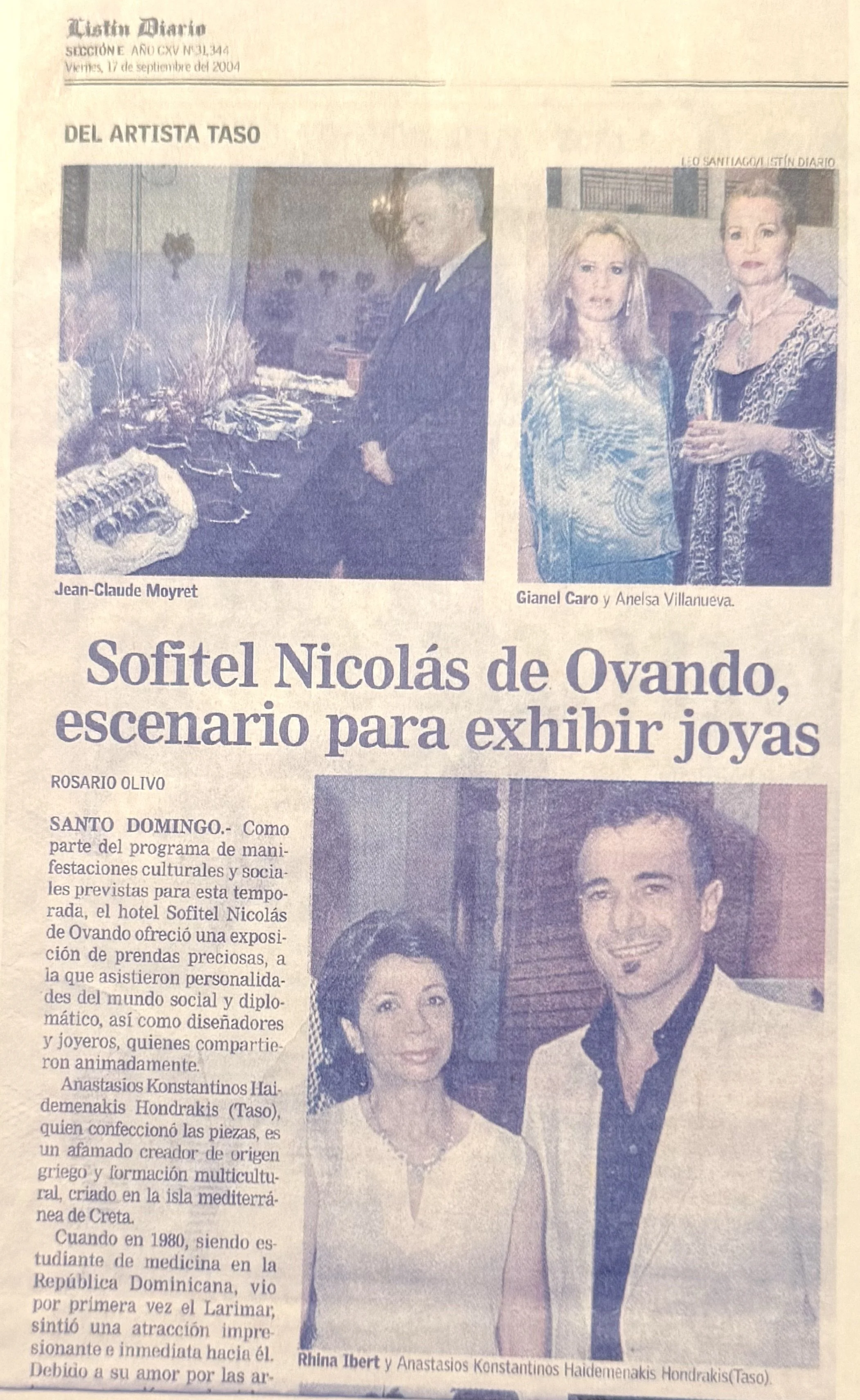 A newspaper page featuring two photos. The first photo shows Jean-Claude Moyret and the second shows Giani Caro and Anelsa Villanueva. A larger photograph at the bottom shows Rhina Iber and Anastasios Konstantinos Haidemenakis Hondakris.