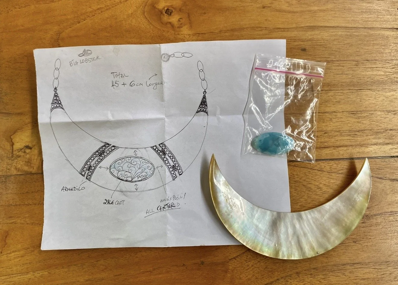 Original TASO jewelry design sketch with mother of pearl, shells and natural stones.