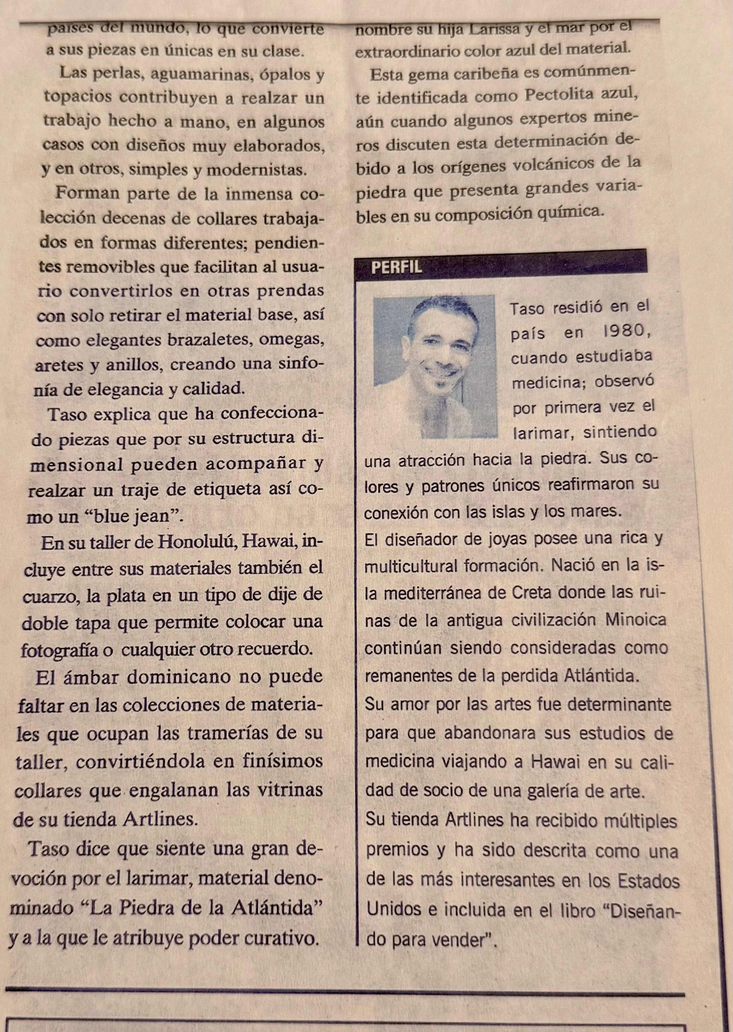 Spanish press feature on jewelry designer TASO and his artistic work.
