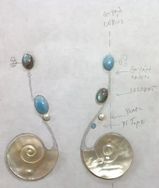 Original jewelry design sketch by Taso Haidemenakis featuring sculptural shell earrings with blue gemstones and pearl details.