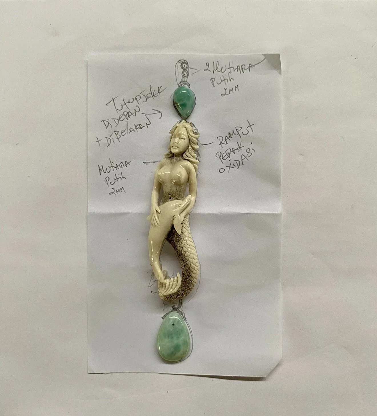 Original TASO mermaid jewelry design sketch with beads and handwritten notes.